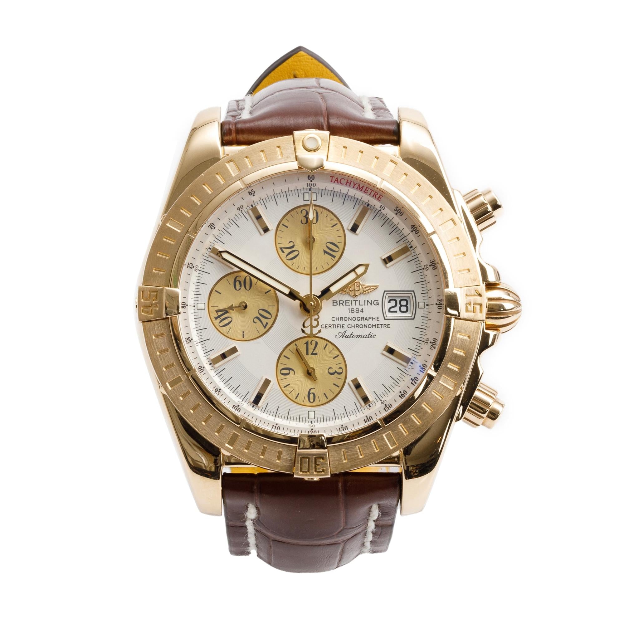 Breitling 18k Yellow Gold Chronomat Evolution 44 MM Automatic Chronograph Watch White Dial K13356