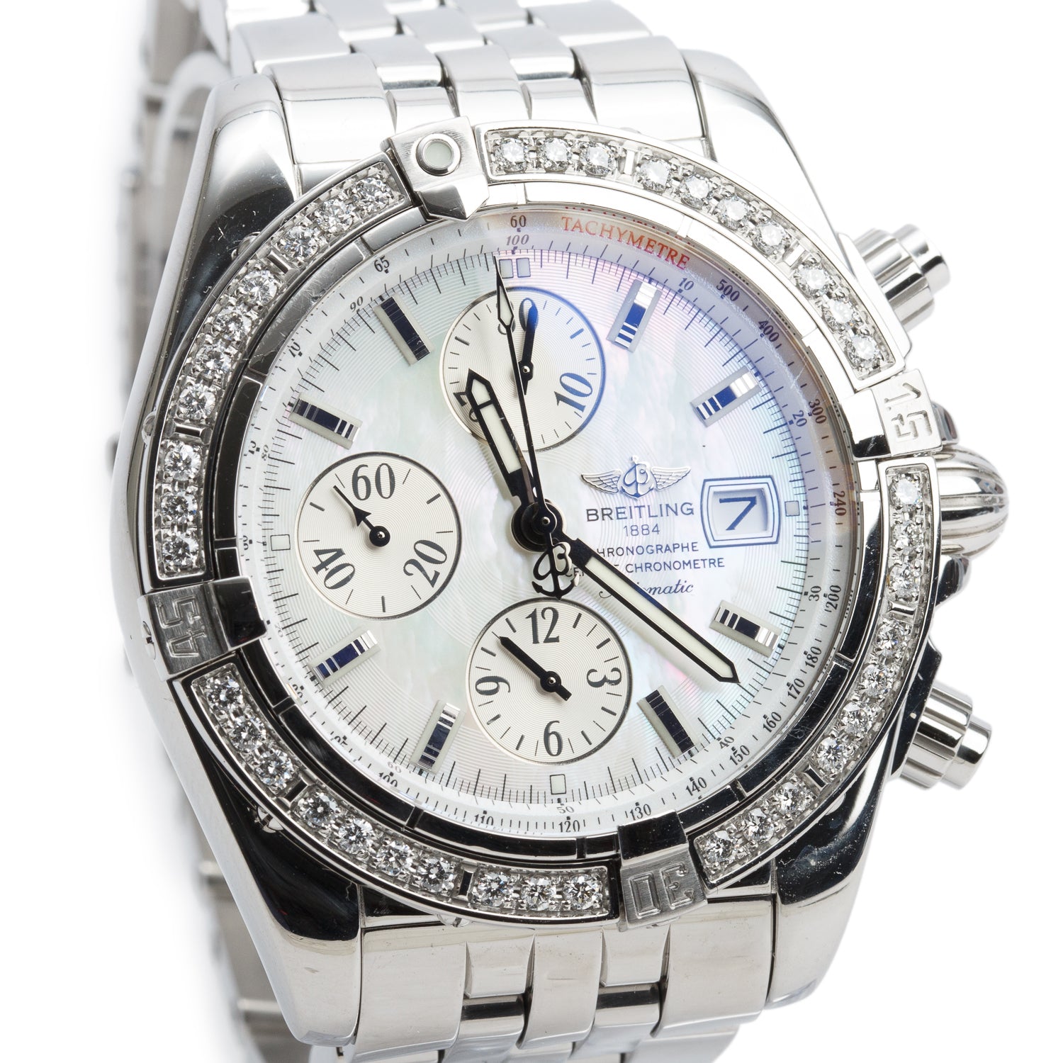 Breitling Stainless Steel Diamond Bezel Chronomat Evolution 44 MM Automatic Chronograph Watch Mother of Pearl Dial A13356