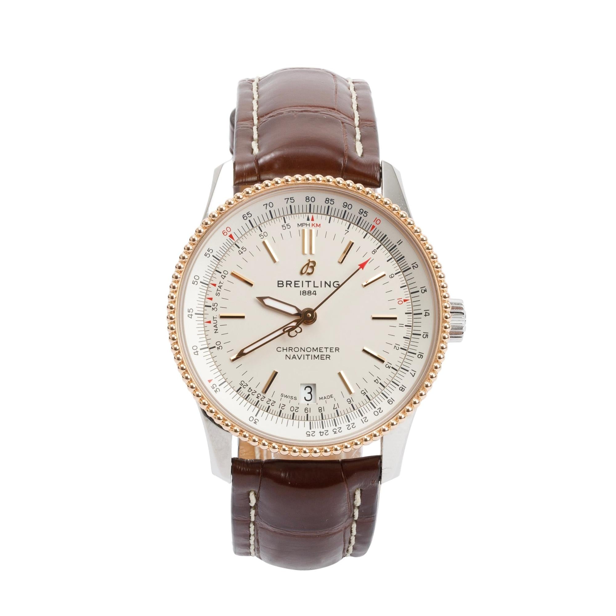 Breitling Stainless Steel & 18k Rose Gold Navitimer 38 MM Automatic Watch w/ Box & Papers