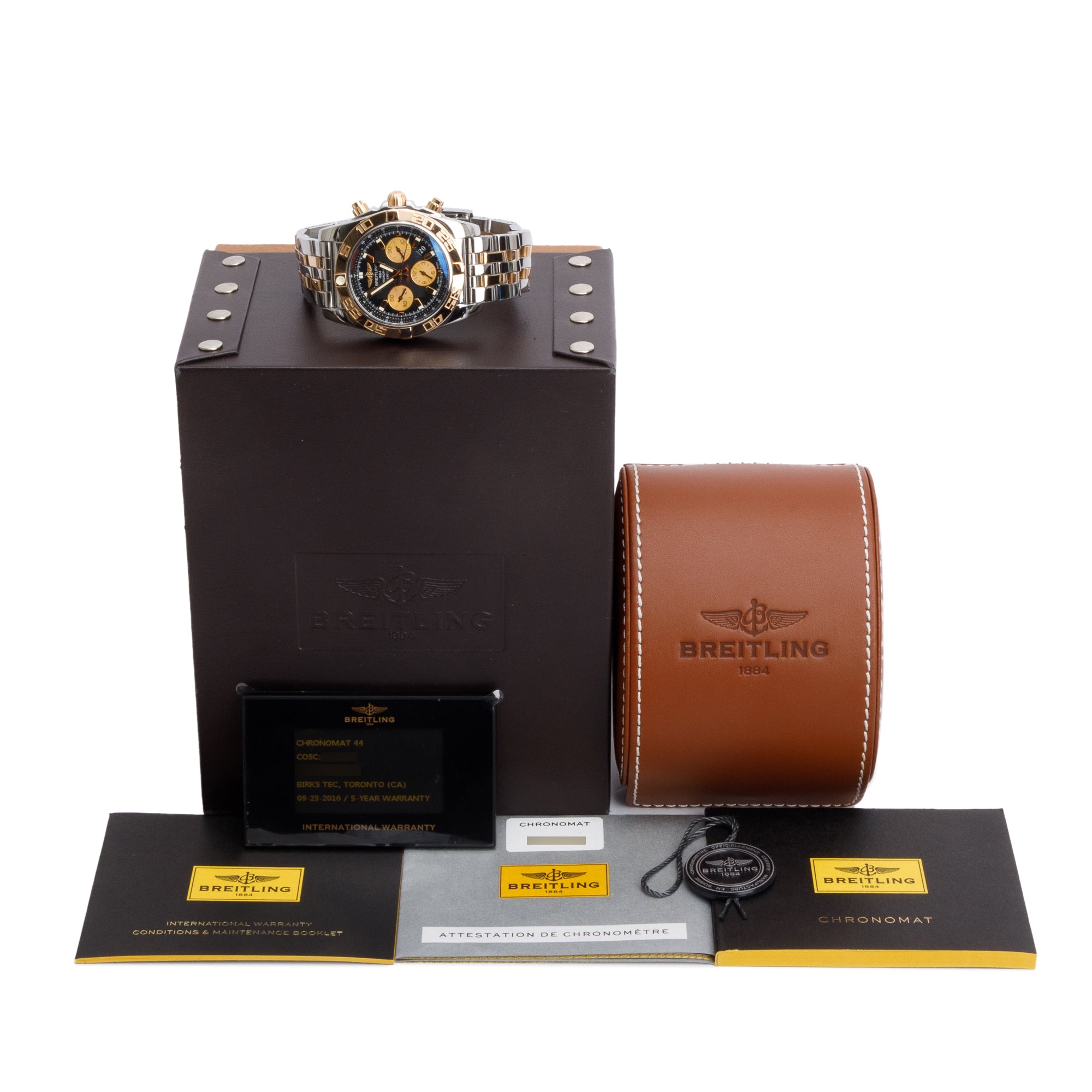 Breitling Stainless Steel & 18k Yellow Gold Chronomat 44 MM Automatic Chronograph Black Dial Watch CB0110 w/ Box & Papers