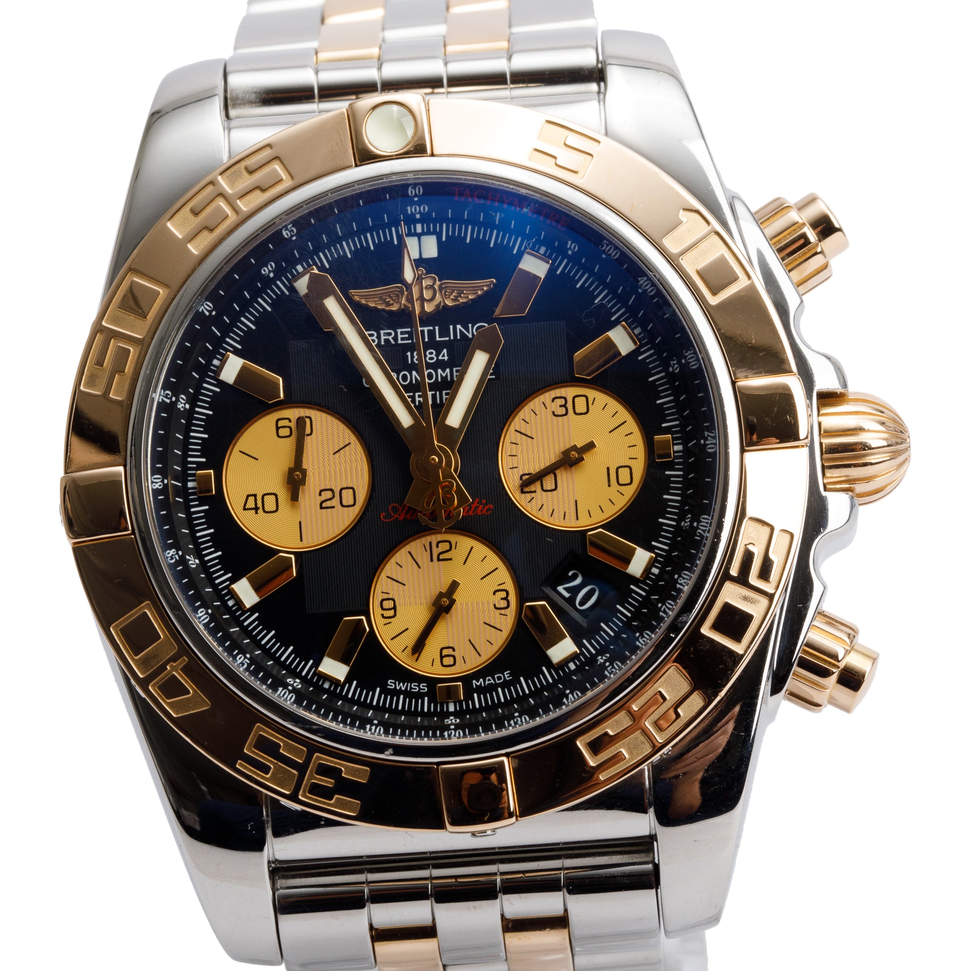 Breitling Stainless Steel & 18k Yellow Gold Chronomat 44 MM Automatic Chronograph Black Dial Watch CB0110 w/ Box & Papers
