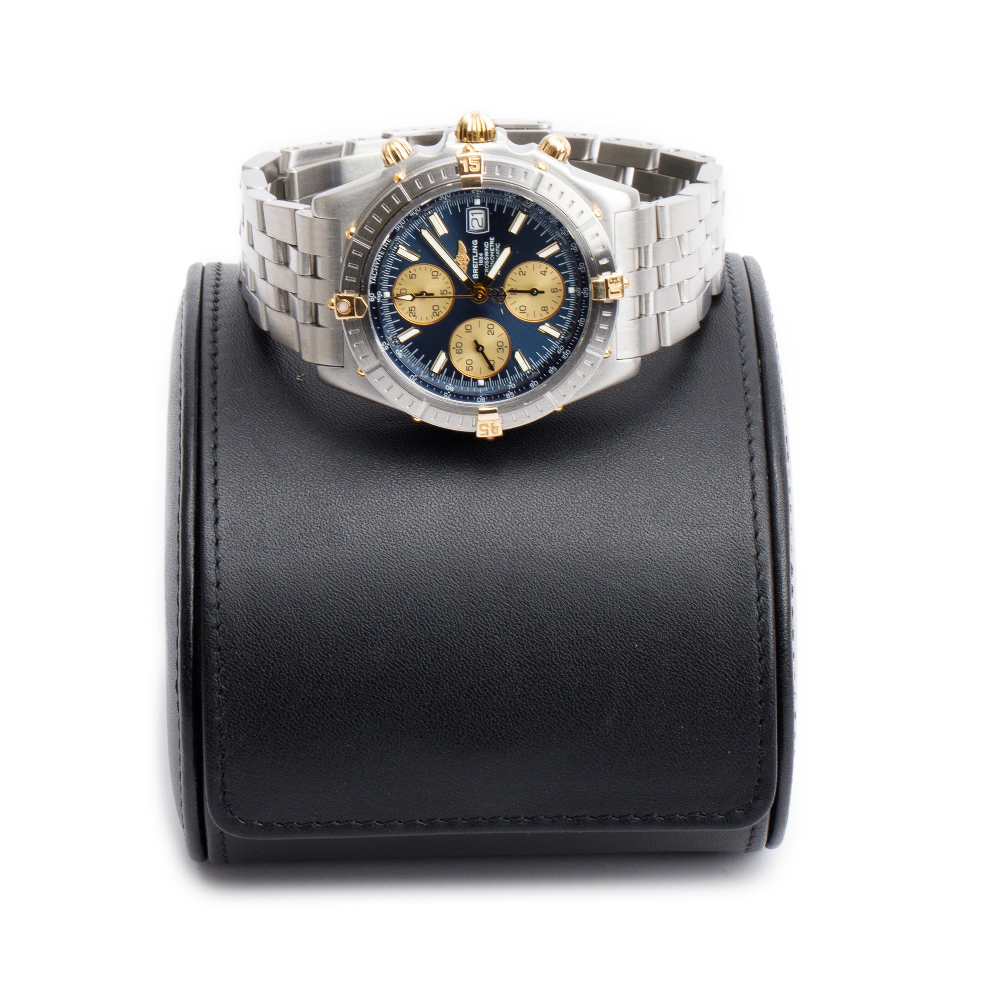 Breitling Stainless Steel & 18k Yellow Gold Crosswind 43 MM Automatic Chronograph Watch Blue Dial B13355 w/ Case