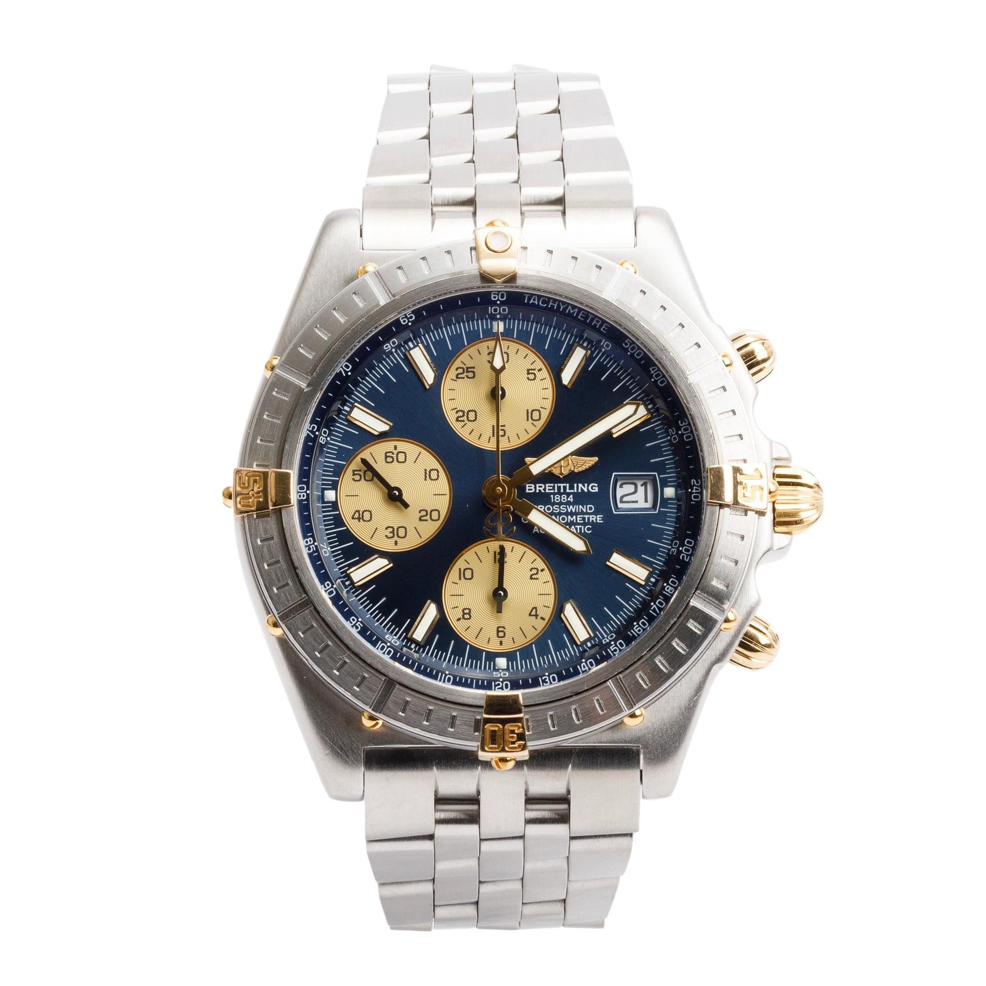 Breitling Stainless Steel & 18k Yellow Gold Crosswind 43 MM Automatic Chronograph Watch Blue Dial B13355 w/ Case
