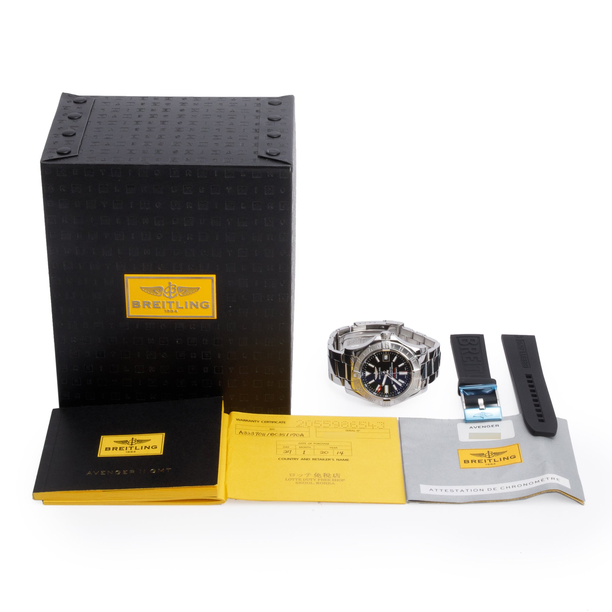 Breitling Stainless Steel Avenger II GMT 43 MM Automatic Watch Black Dial A32390 w/ Box, Papers & Extra Strap