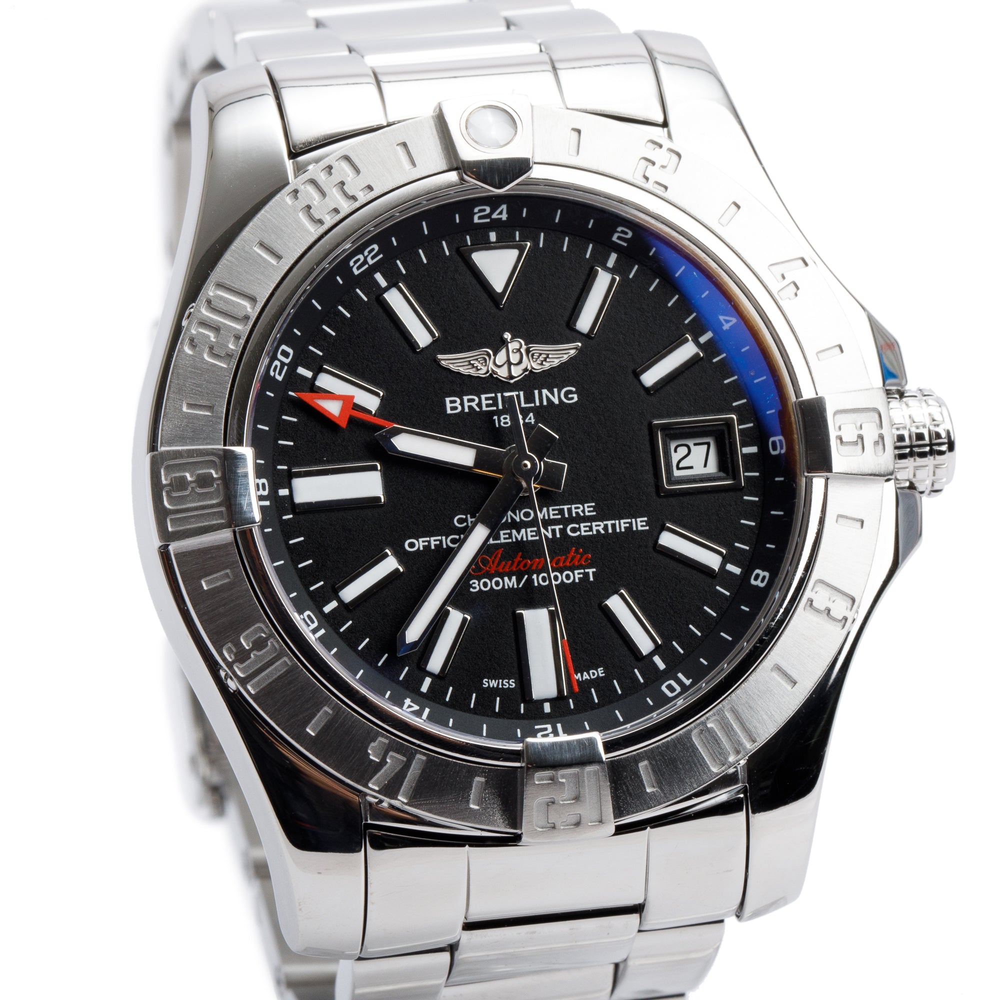 Breitling Stainless Steel Avenger II GMT 43 MM Automatic Watch Black Dial A32390 w/ Box, Papers & Extra Strap