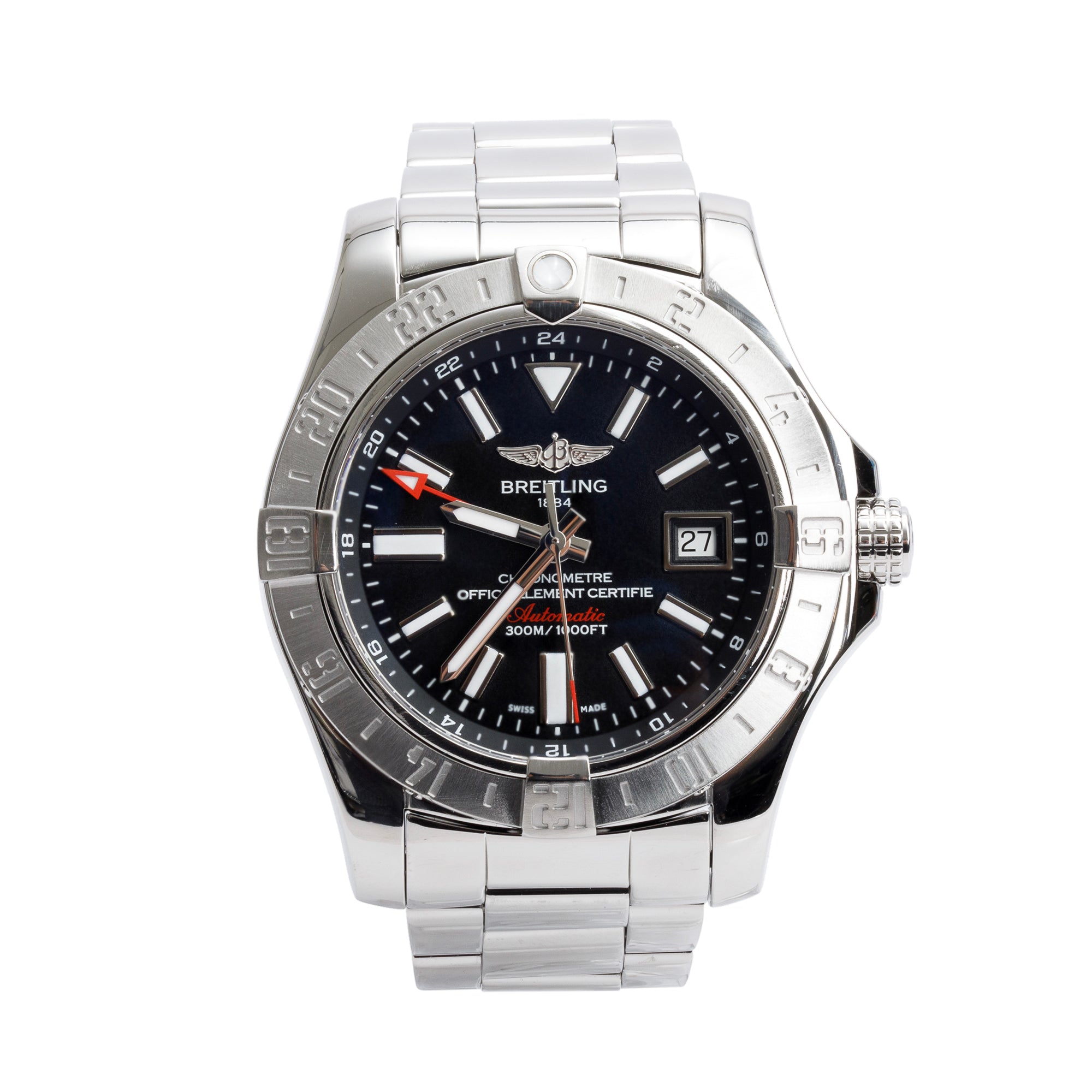 Breitling Stainless Steel Avenger II GMT 43 MM Automatic Watch Black Dial A32390 w/ Box, Papers & Extra Strap