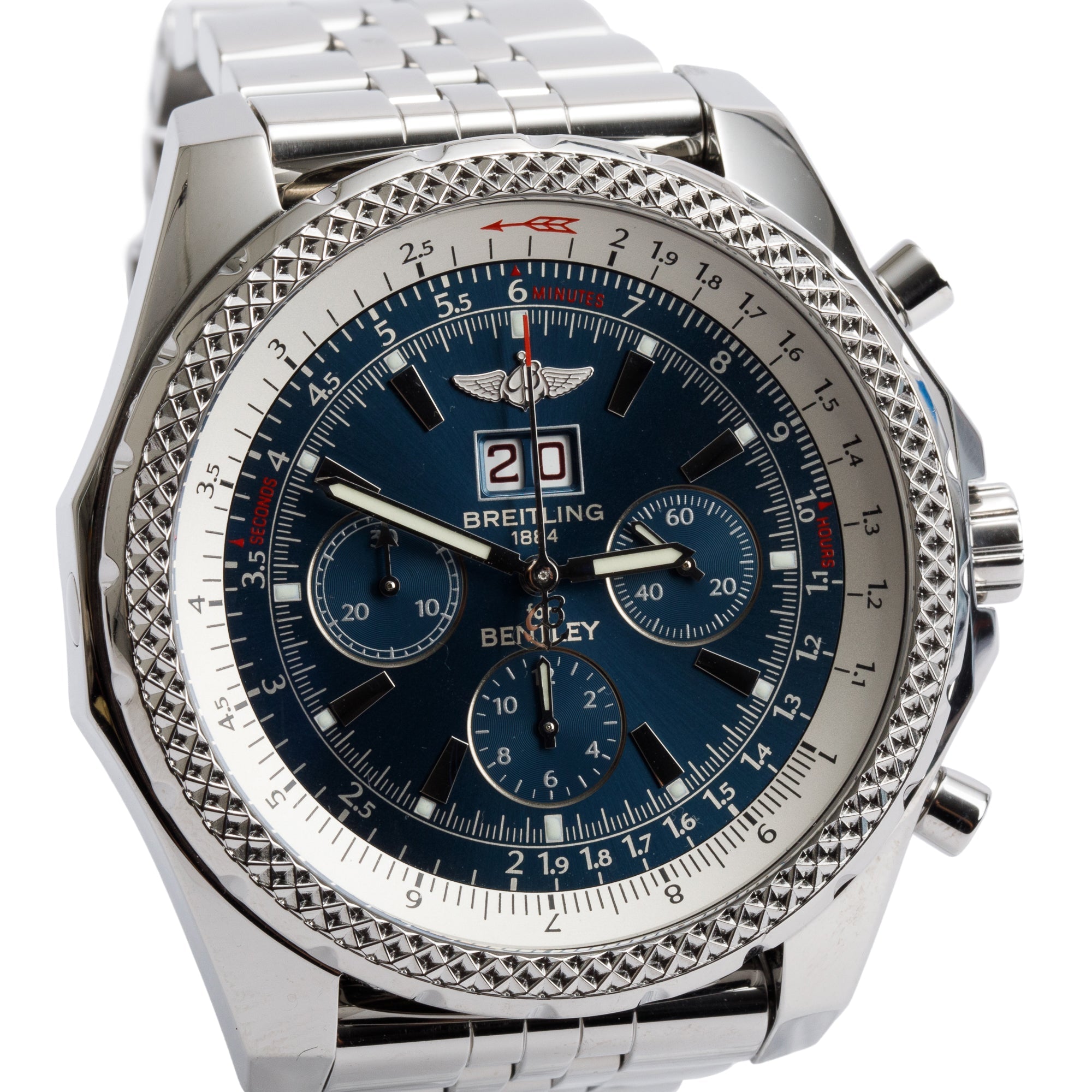 Breitling Stainless Steel Bentley 6.75 49 MM Automatic Chronograph Blue Dial Watch A44362 w/ Box & Papers