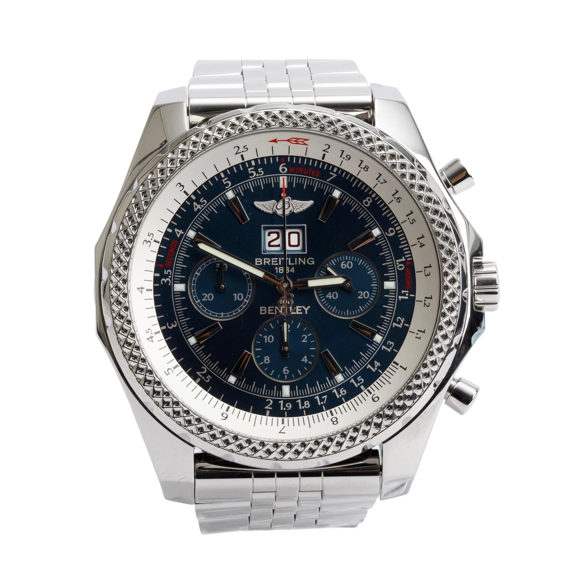 Breitling Stainless Steel Bentley 6.75 49 MM Automatic Chronograph Blue Dial Watch A44362 w/ Box & Papers