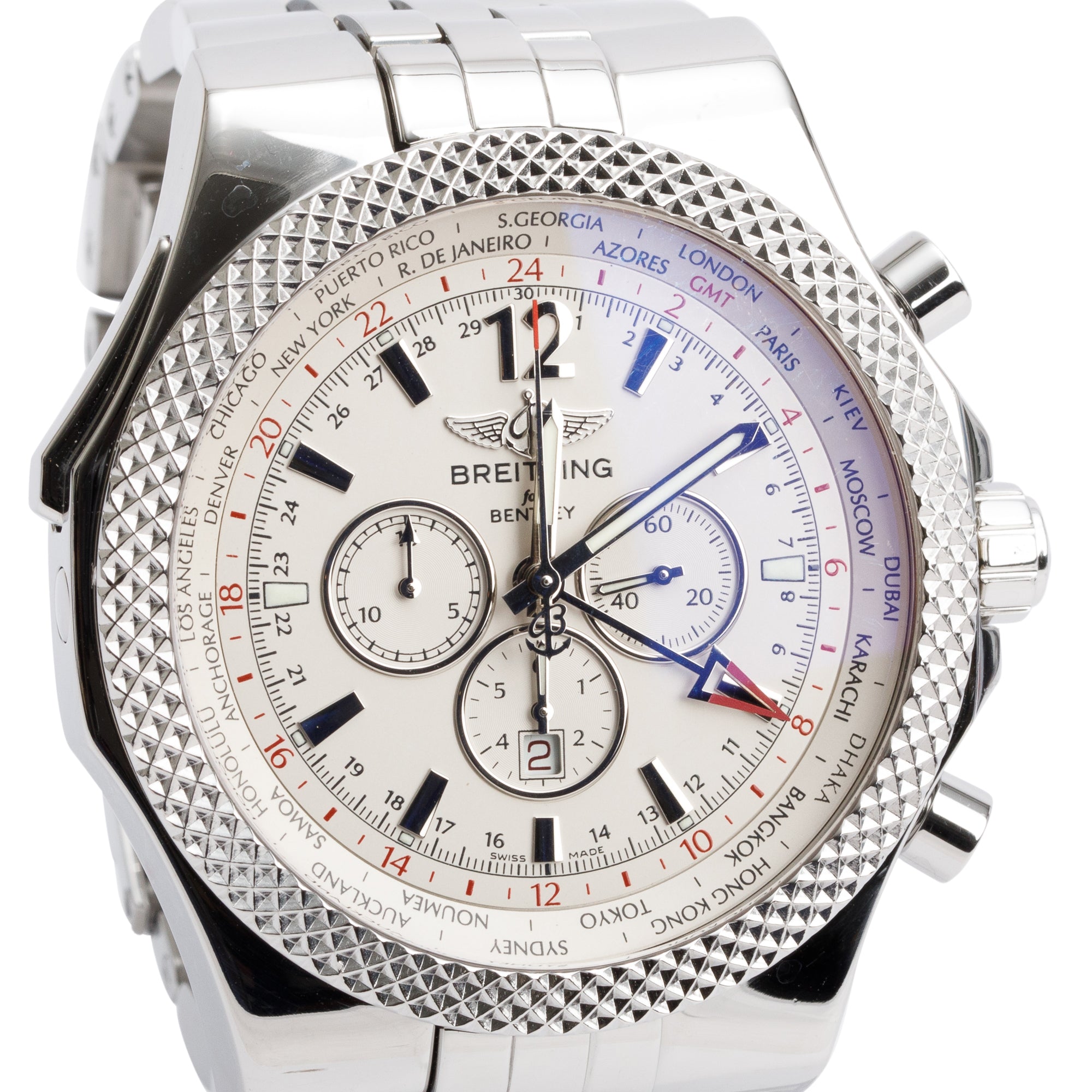 Breitling Stainless Steel Bentley GMT 49 MM Automatic Chronograph White Dial Watch A47362 w/ Box & Papers