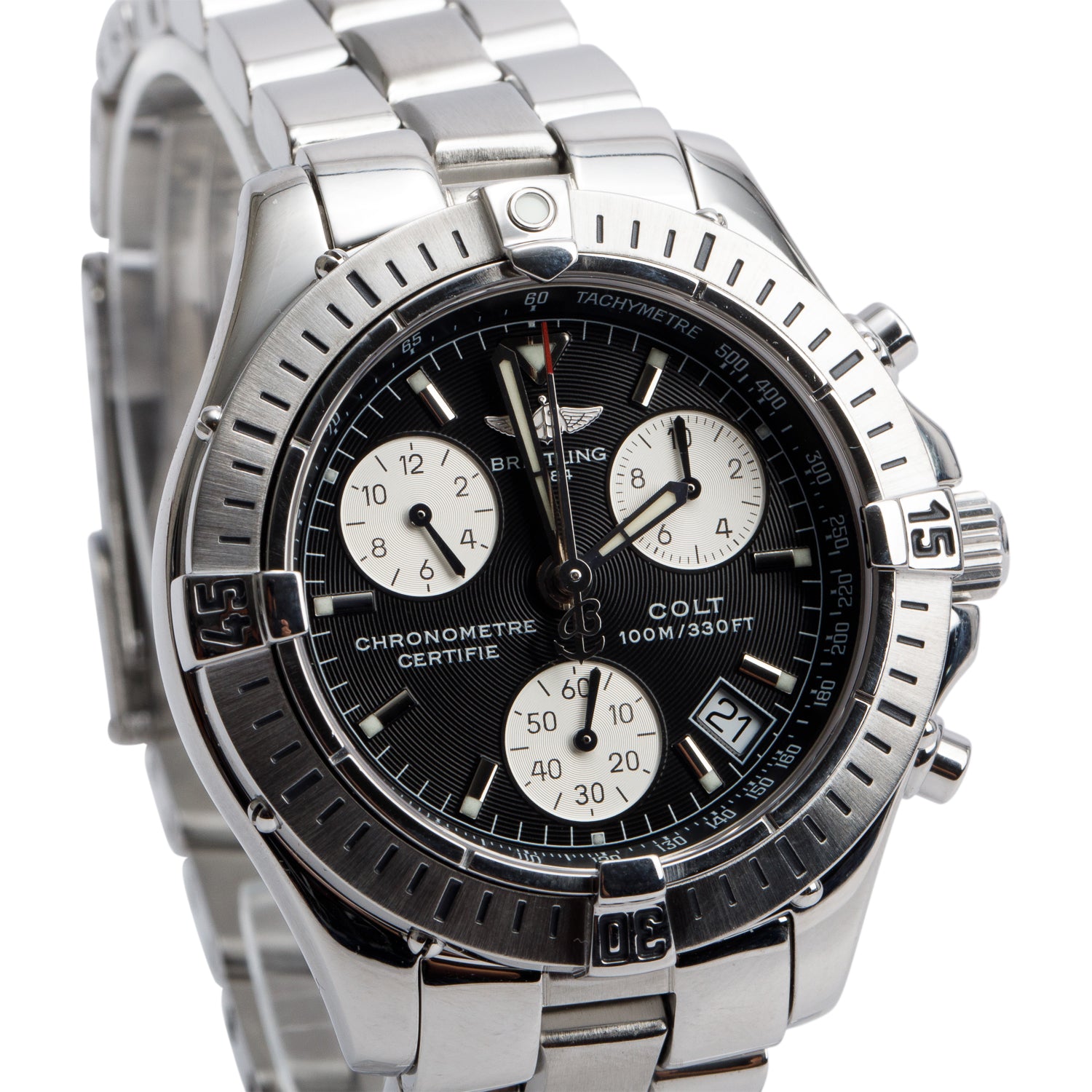 Breitling Stainless Steel Colt 38 MM Chronograph Quartz Watch Black Dial A73350