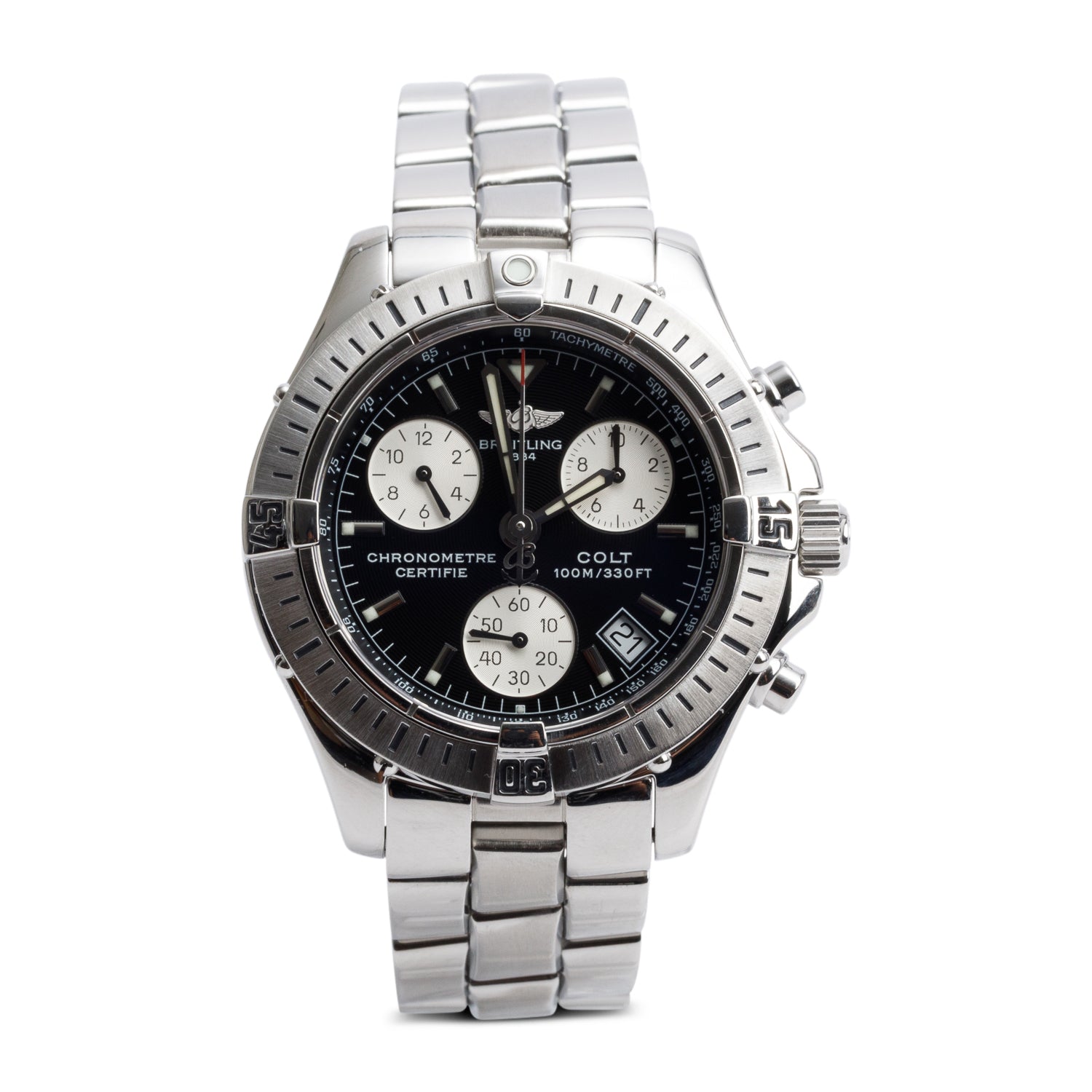 Breitling Stainless Steel Colt 38 MM Chronograph Quartz Watch Black Dial A73350