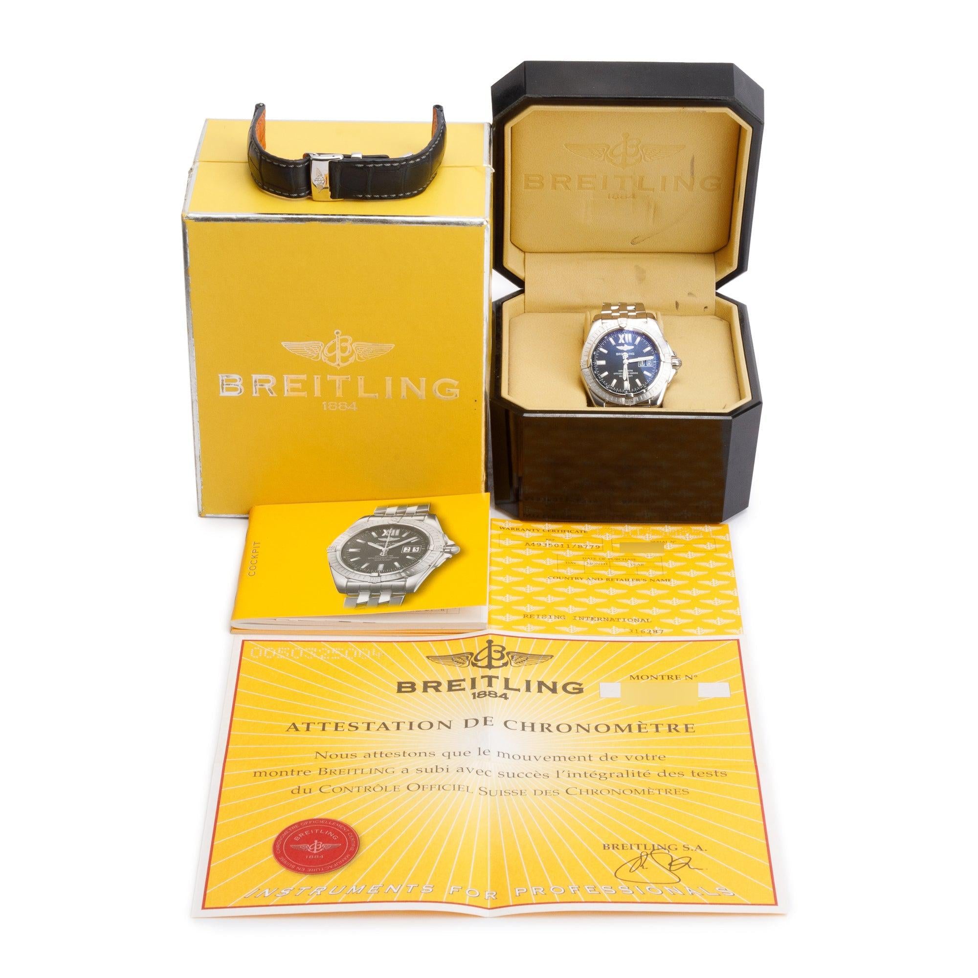 Breitling Stainless Steel Galactic Cockpit 41 MM Automatic Watch Black Dial A49350 w/ Box, Papers & Extra Strap