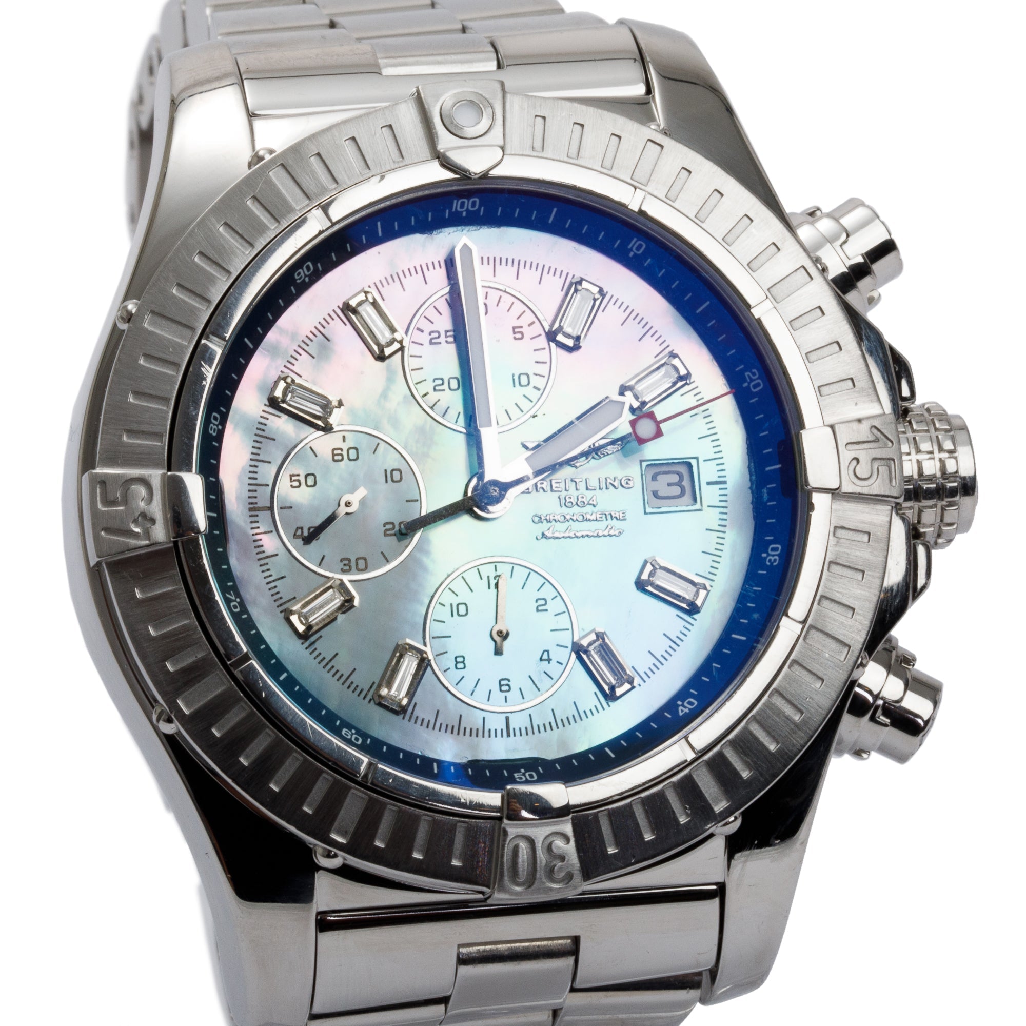Breitling Stainless Steel NHLPA Super Avenger 48 MM Automatic Chronograph Watch w/ Mother of Pearl Diamond Dial