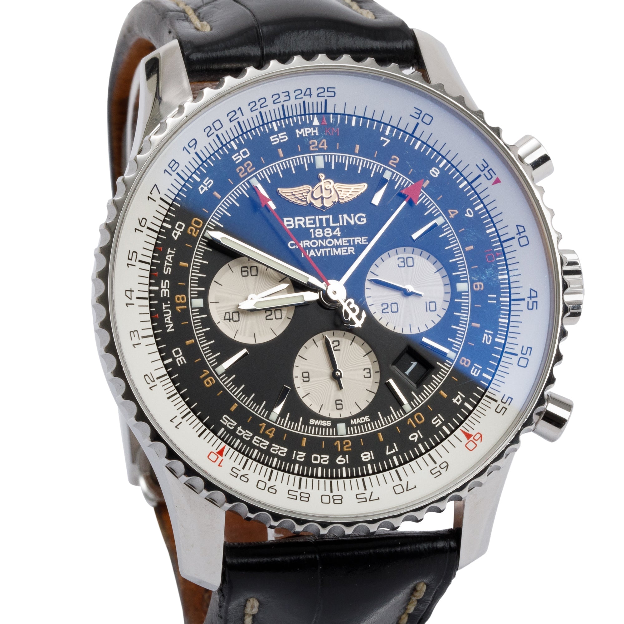 Breitling Stainless Steel Navitimer GMT 48 MM Automatic Chronograph Watch w/ Box & Papers