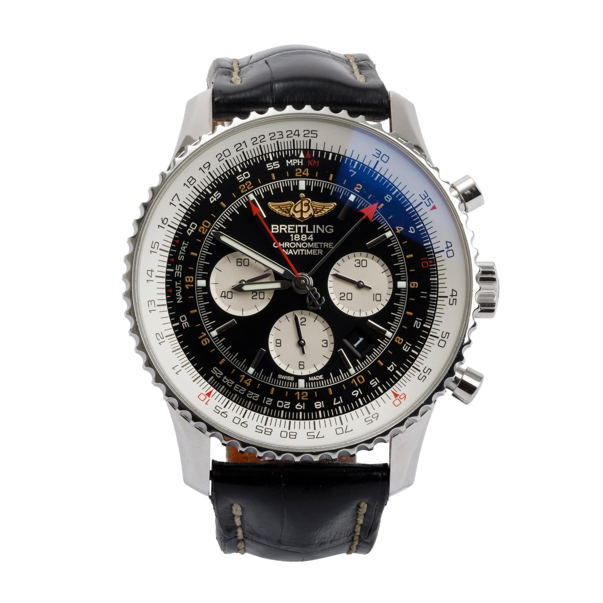 Breitling Stainless Steel Navitimer GMT 48 MM Automatic Chronograph Watch w/ Box & Papers