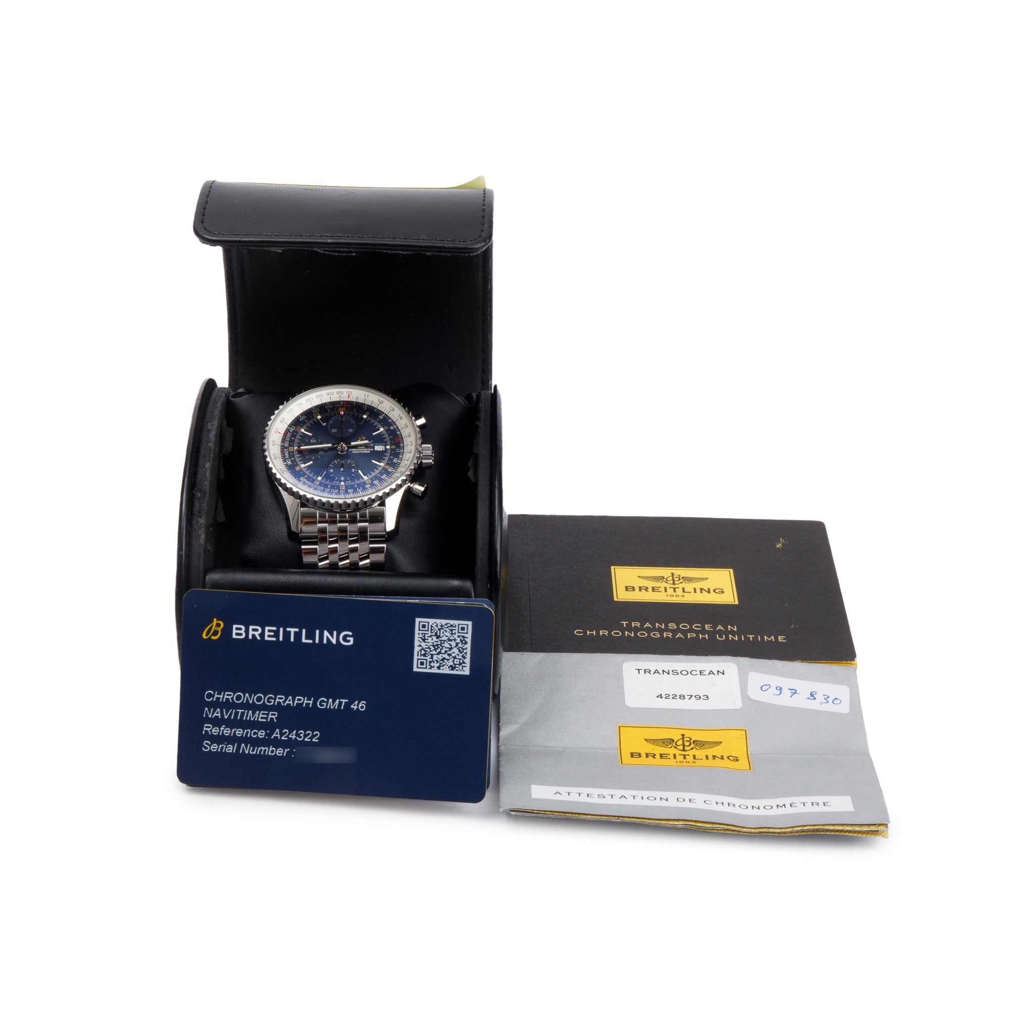 Breitling Stainless Steel Navitimer World GMT 46 MM Automatic Watch w/ Box, Papers & Extra Leather Band