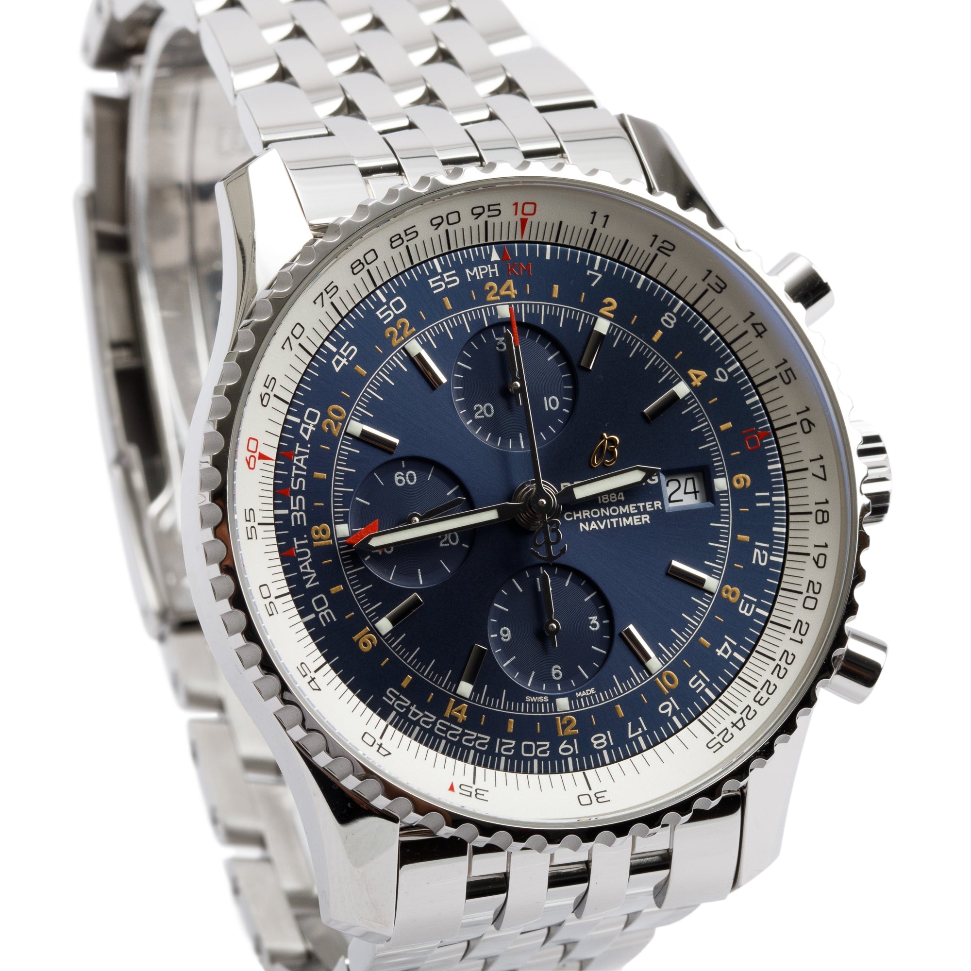 Breitling Stainless Steel Navitimer World GMT 46 MM Automatic Watch w/ Box, Papers & Extra Leather Band