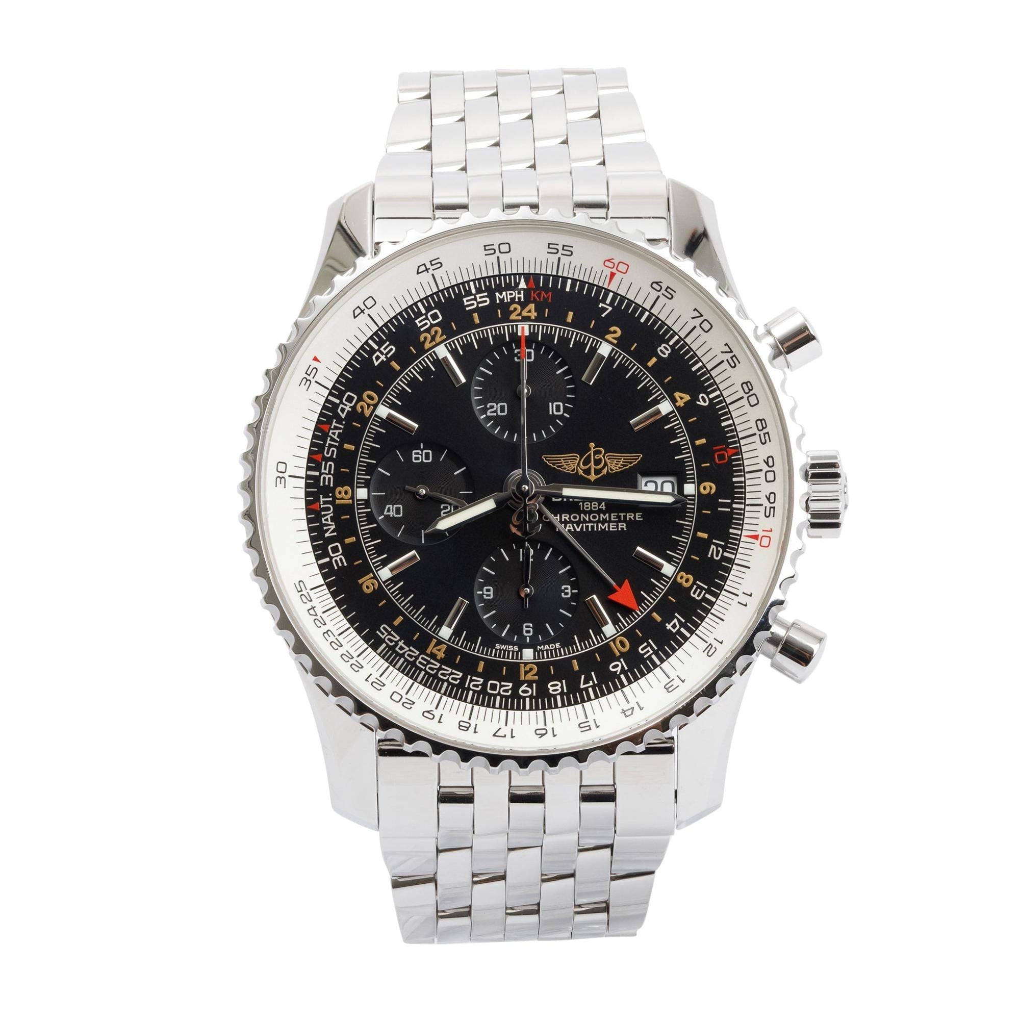 Breitling Stainless Steel Navitimer World GMT 46 MM Automatic Watch w/ Box & Papers