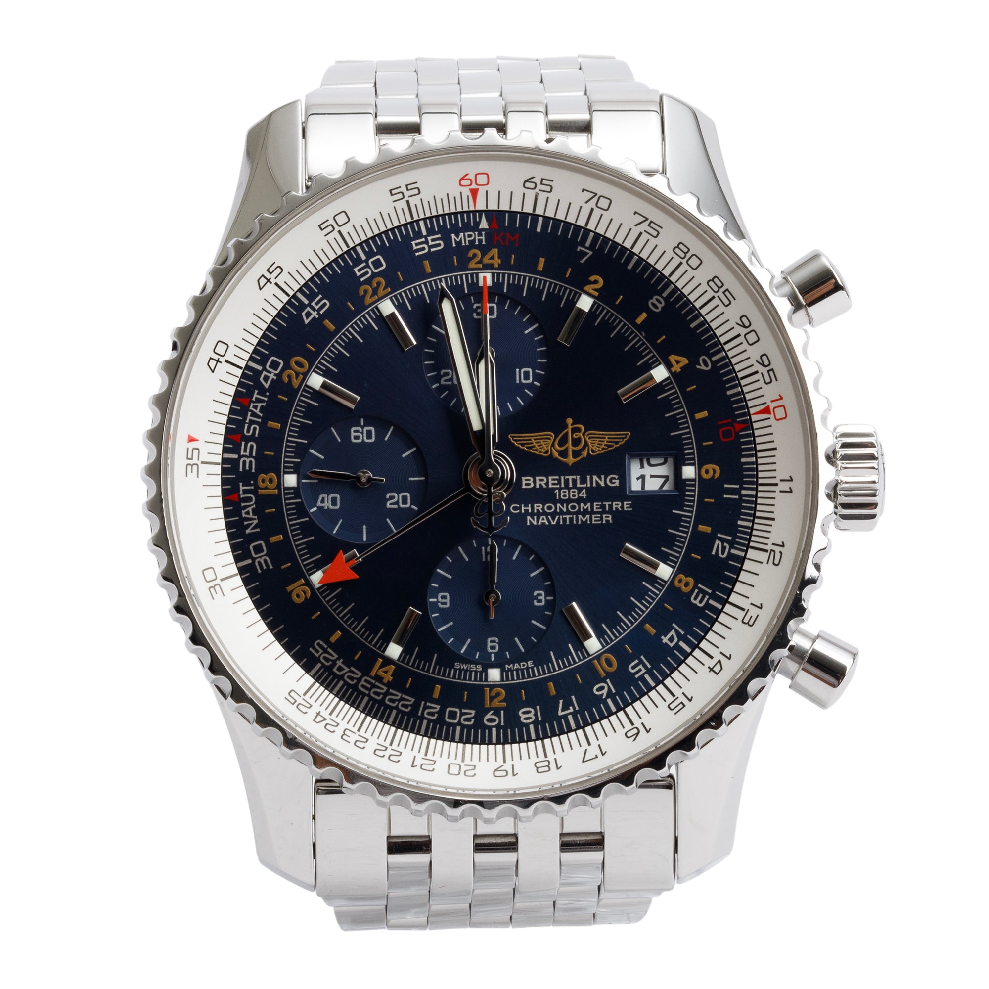 Breitling Stainless Steel Navitimer World GMT 46 MM Chronograph Automatic Watch A24322 w/ Box, Papers & Extra Strap