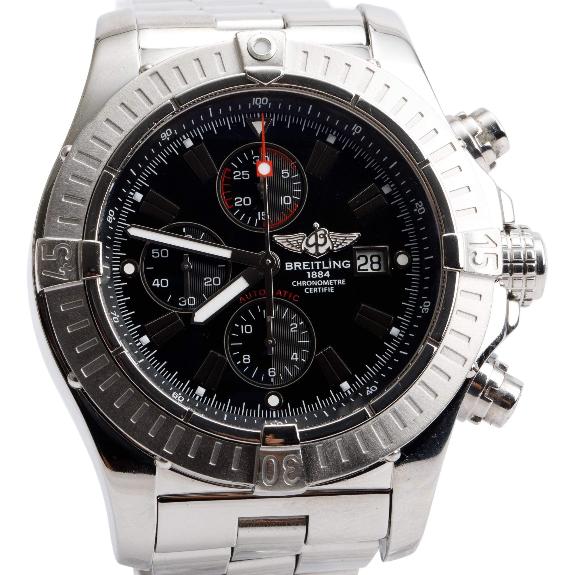 Breitling Stainless Steel Super Avenger 48 MM Automatic Chronograph Watch Black Dial A13370 w/ Box & Papers