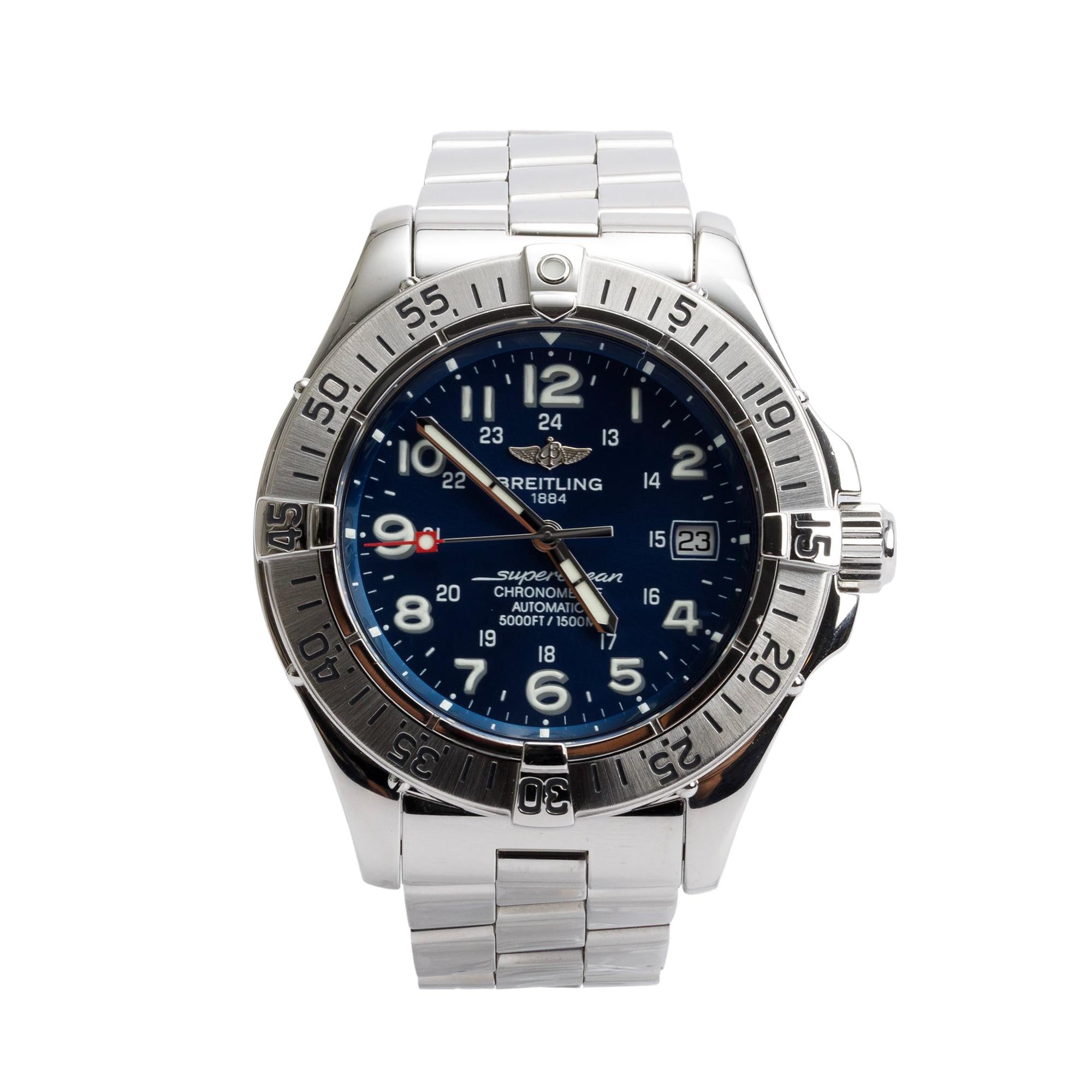 Breitling Stainless Steel Superocean 42 MM Automatic Blue Dial Watch A17360 w/ Box & Papers