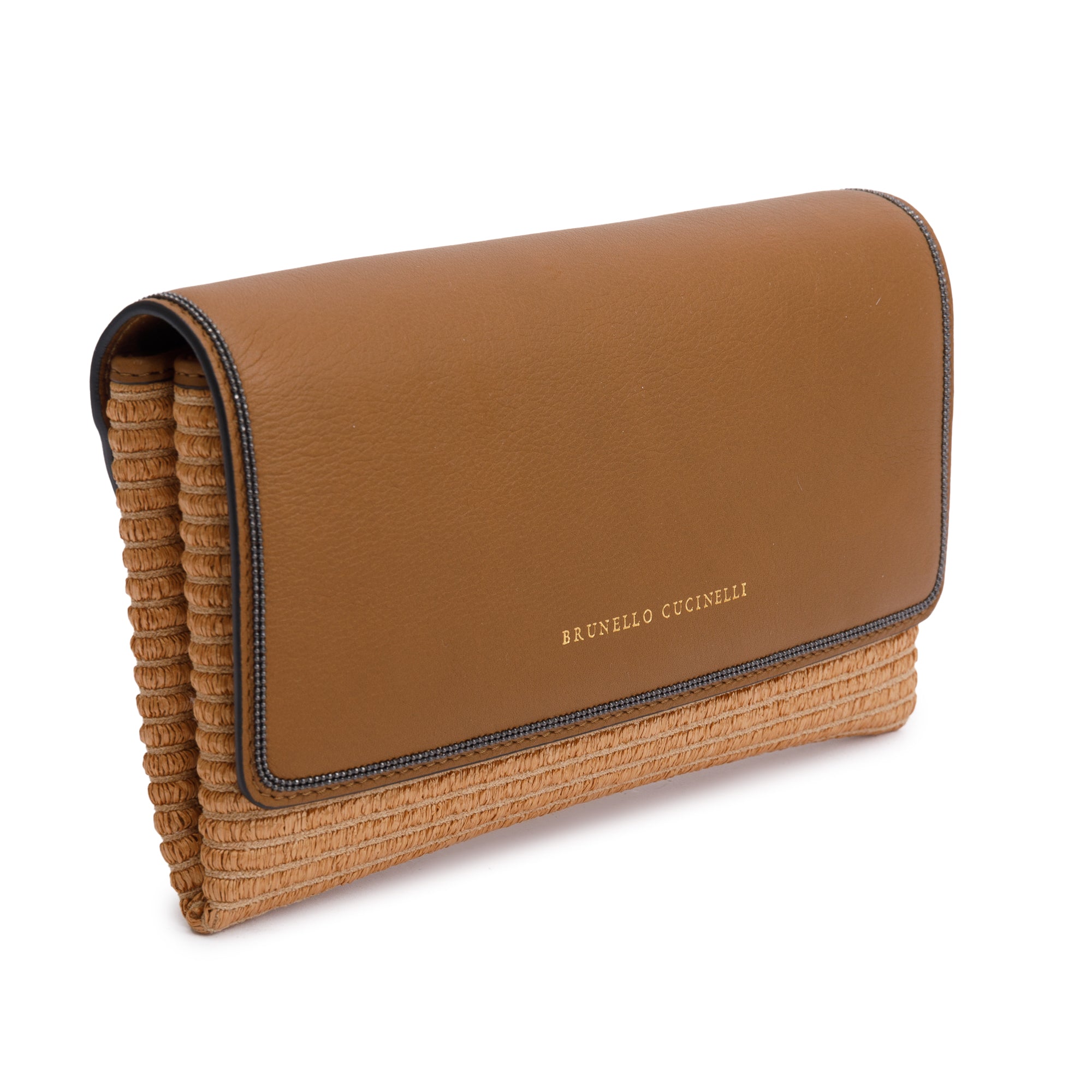 Brunello Cucinelli Brown Leather Raffia Monili Flap Crossbody Bag