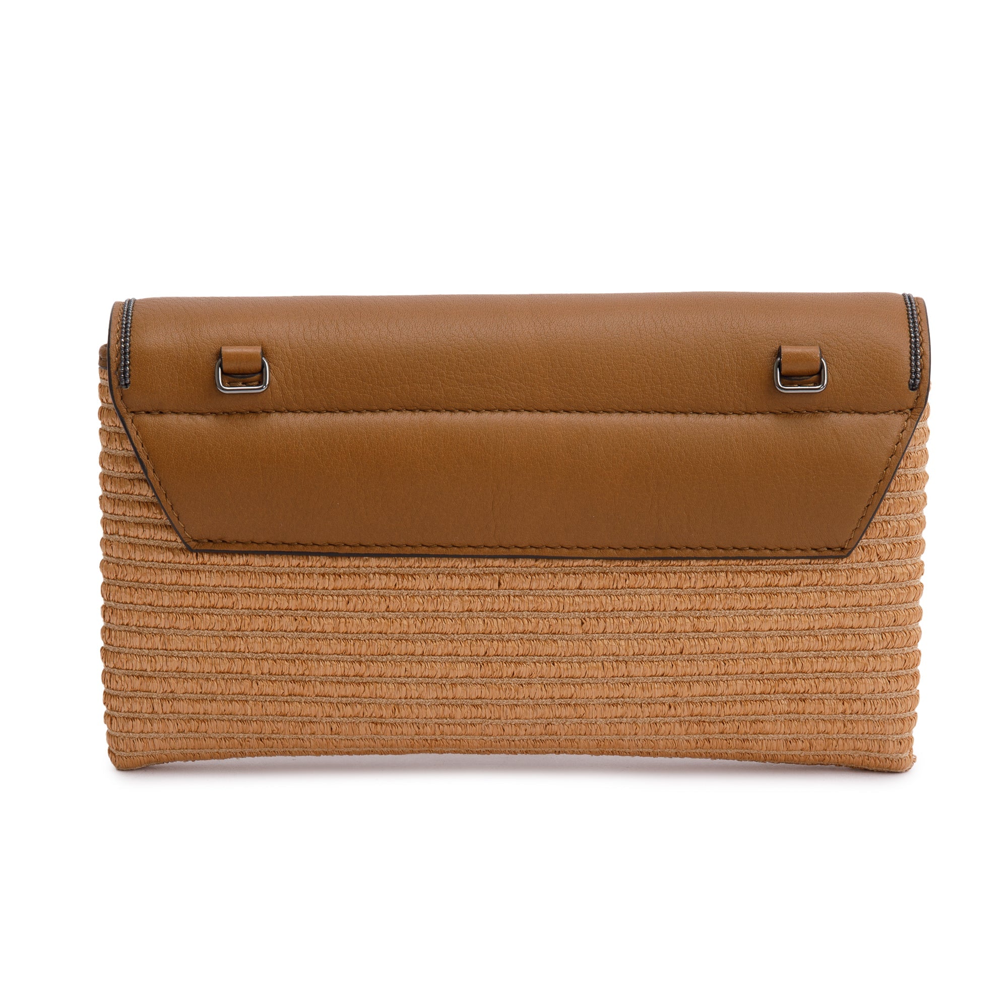 Brunello Cucinelli Brown Leather Raffia Monili Flap Crossbody Bag