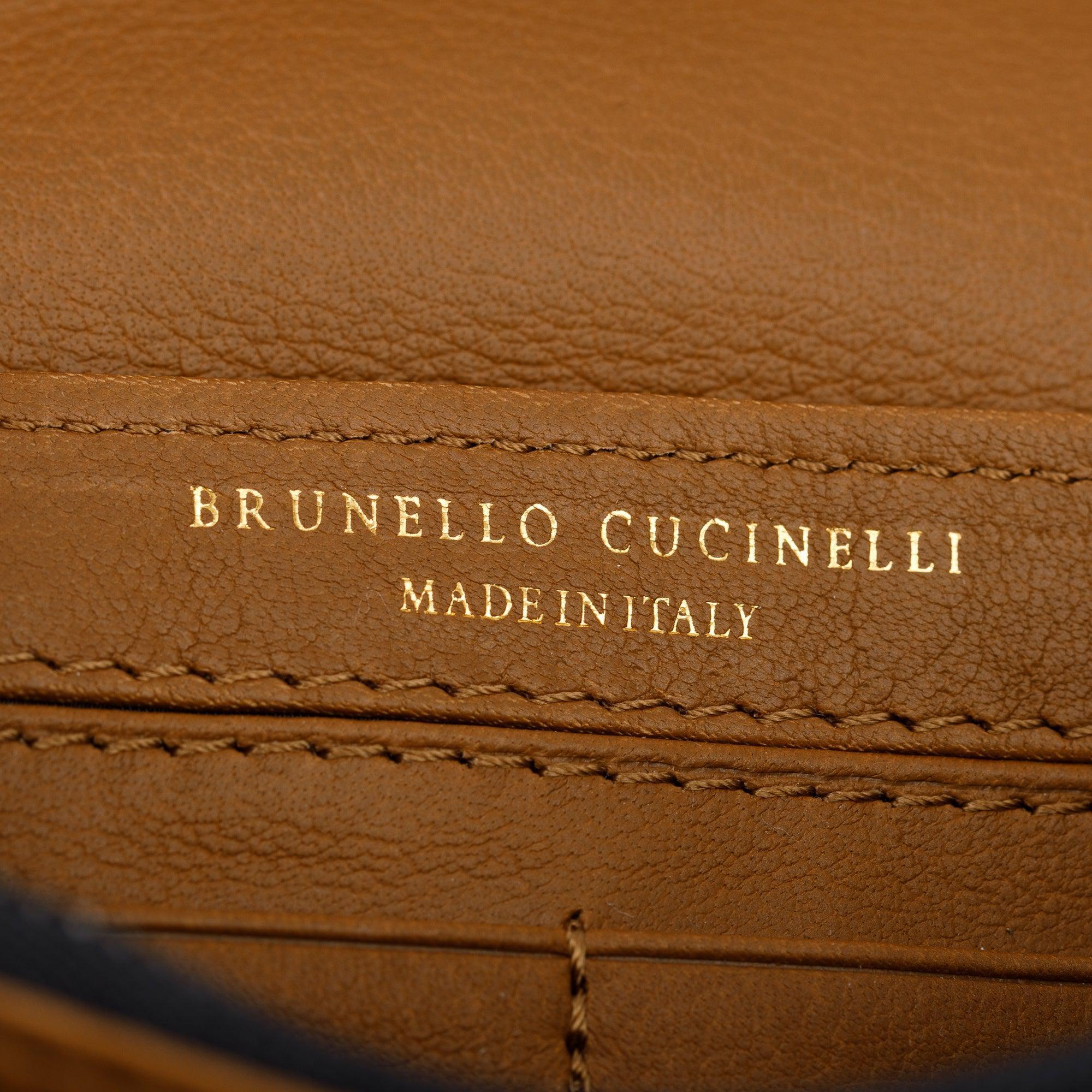 Brunello Cucinelli Brown Leather Raffia Monili Flap Crossbody Bag