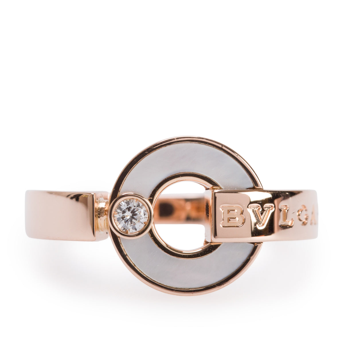 BVLGARI 2022 18k Rose Gold Diamond Mother of Pearl Bvlgari Ring, Size 48 4.5 w/ Box, Receipt & Certificate