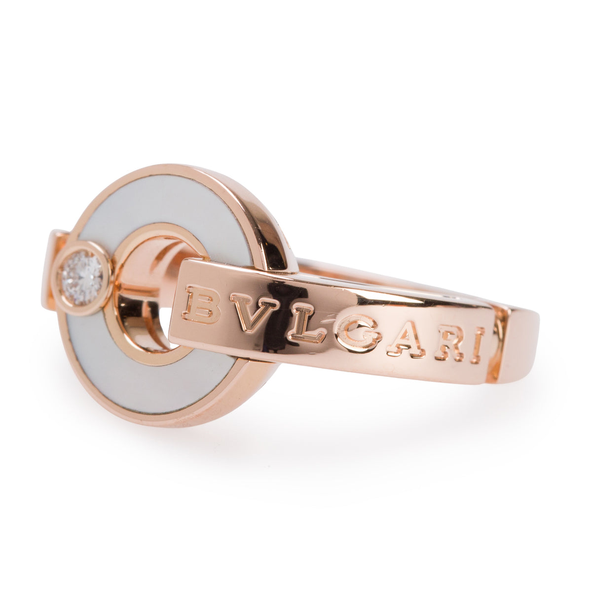 BVLGARI 2022 18k Rose Gold Diamond Mother of Pearl Bvlgari Ring, Size 48 4.5 w/ Box, Receipt & Certificate