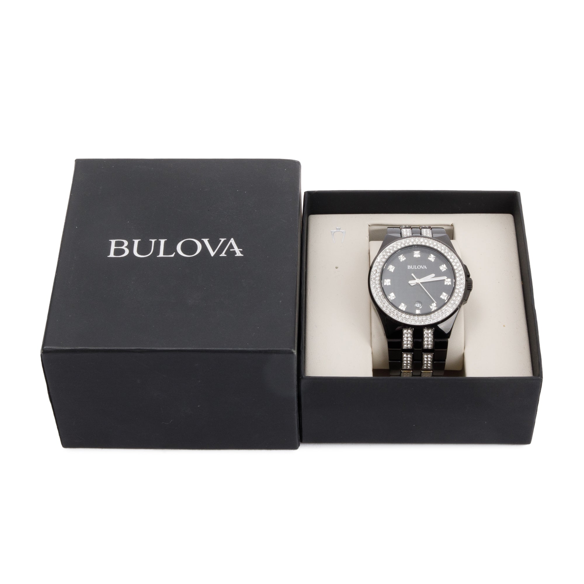 Bulova Black Ion-Plated Stainless Steel Crystal Accent 42 MM Quartz Watch w/ Box