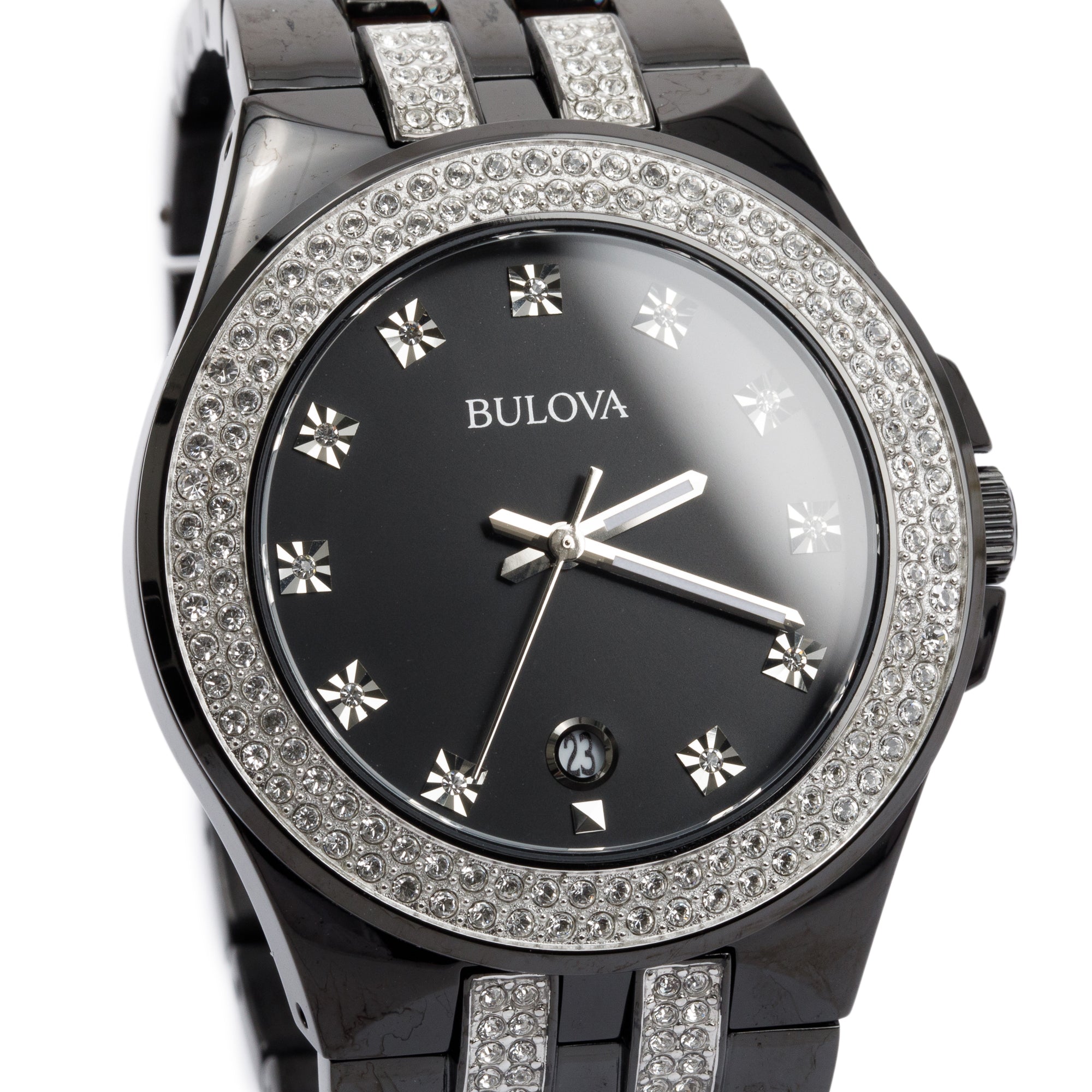 Bulova Black Ion-Plated Stainless Steel Crystal Accent 42 MM Quartz Watch w/ Box
