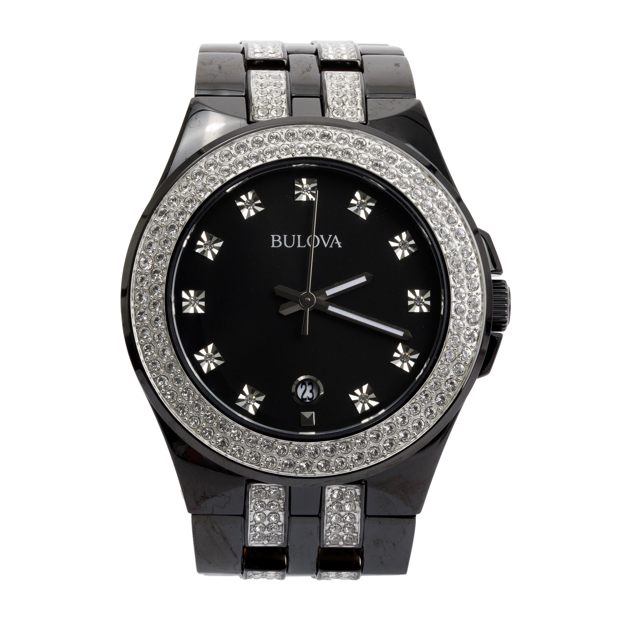 Bulova Black Ion-Plated Stainless Steel Crystal Accent 42 MM Quartz Watch w/ Box