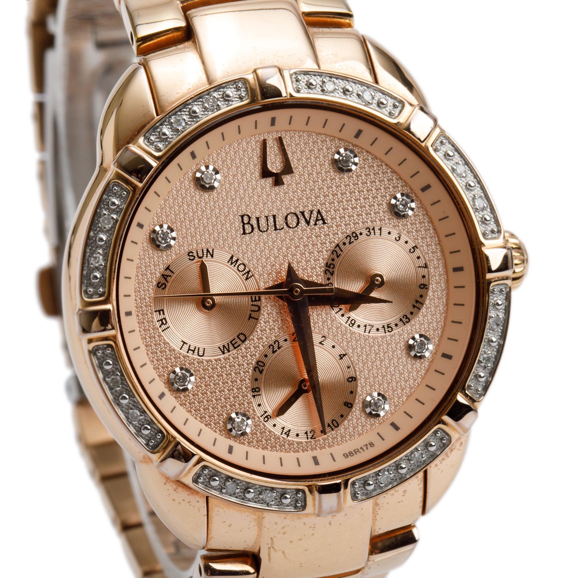 Bulova Rose Gold-Plated Stainless Steel Diamond Bezel & Dial 36 MM Quartz Watch 98R178