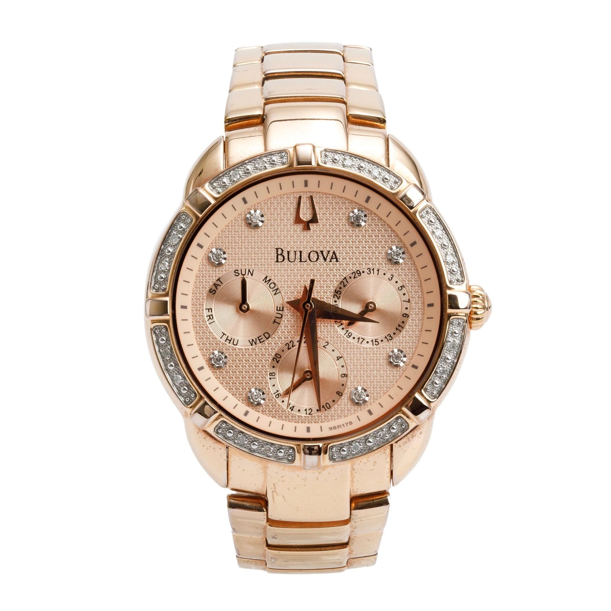 Bulova Rose Gold-Plated Stainless Steel Diamond Bezel & Dial 36 MM Quartz Watch 98R178
