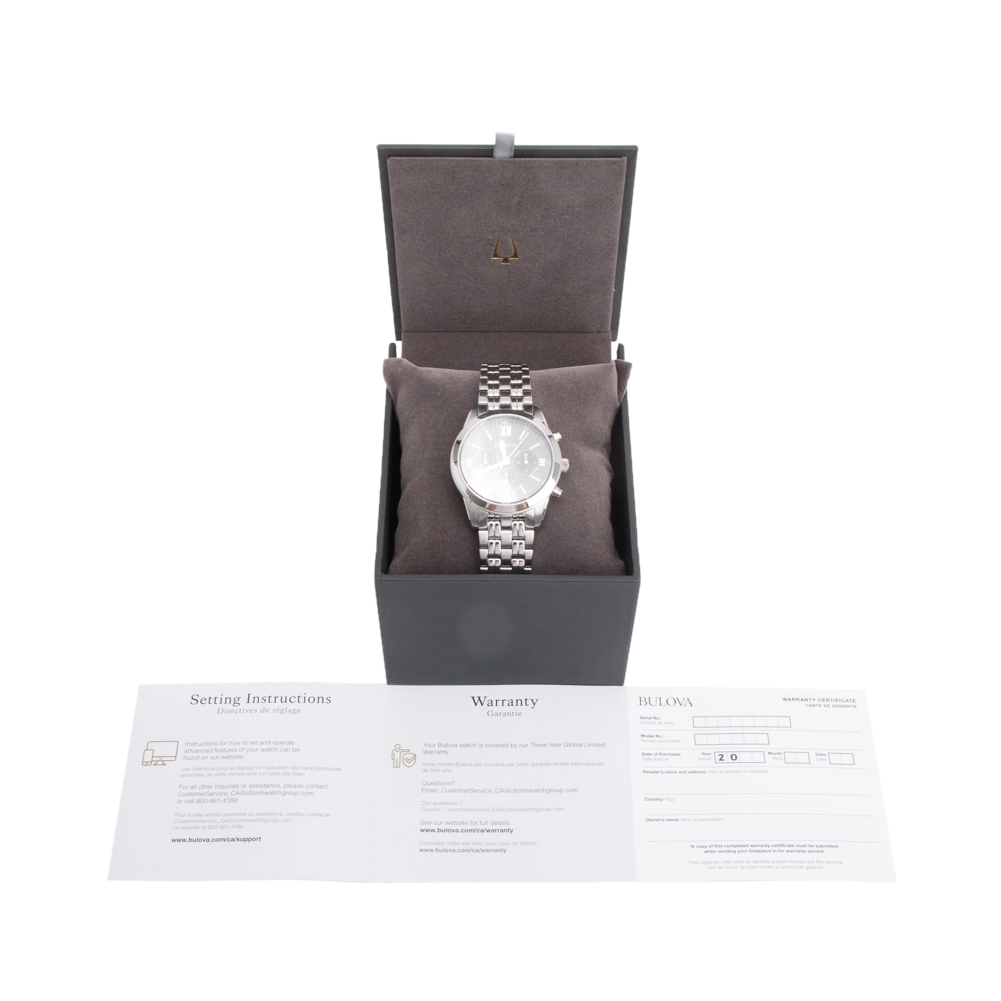 Bulova Stainless Steel 40 MM Black Dial Chronograph Quartz Watch 96A175 w/ Box