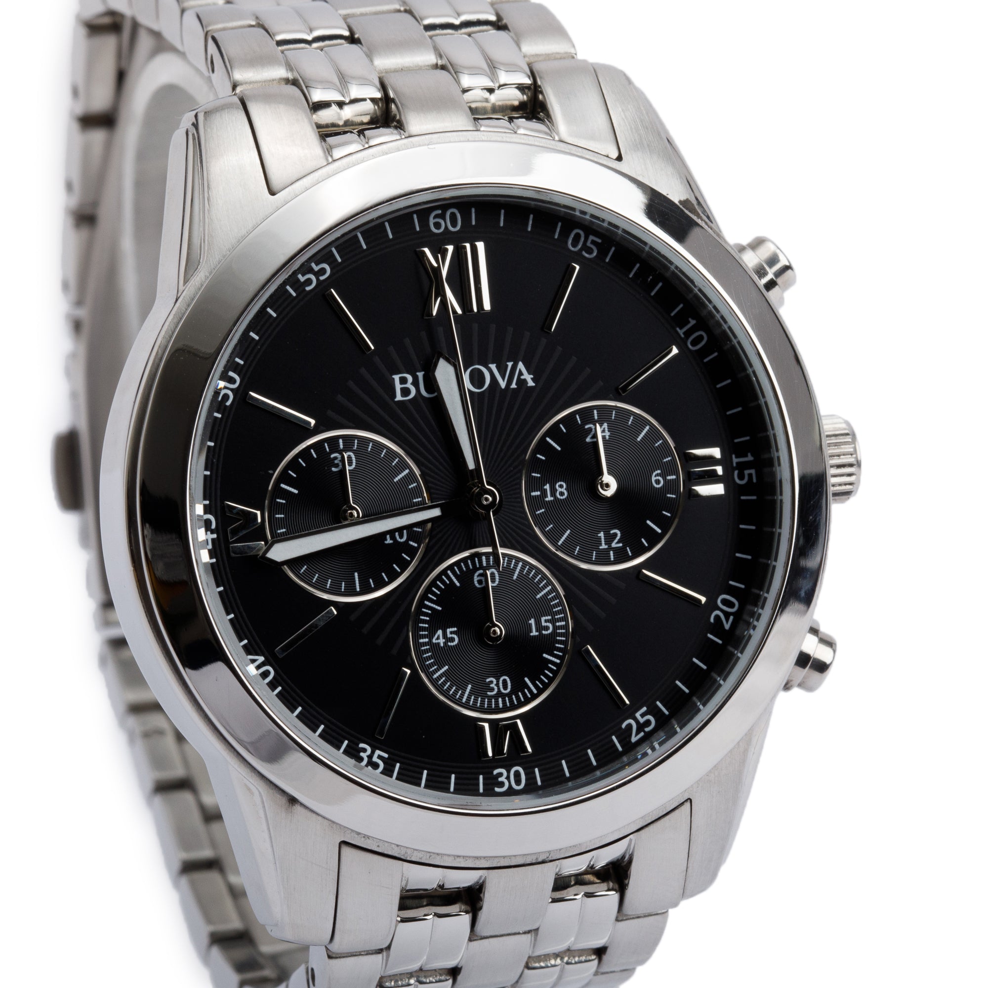 Bulova Stainless Steel 40 MM Black Dial Chronograph Quartz Watch 96A175 w/ Box