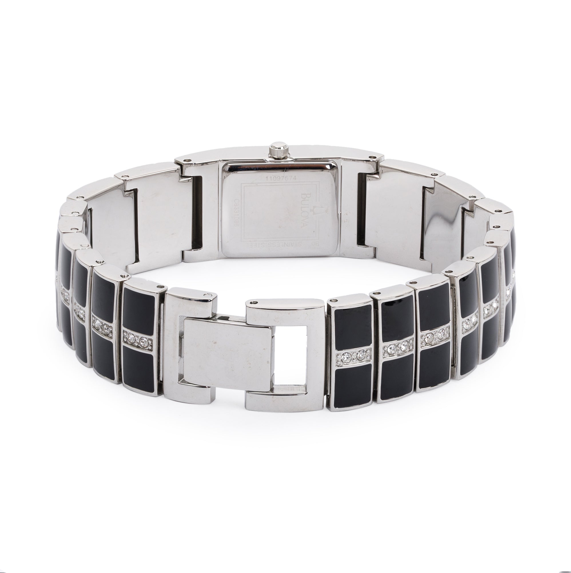 Bulova Stainless Steel & Black Enamel Crystal Accent 17 MM Dress Watch