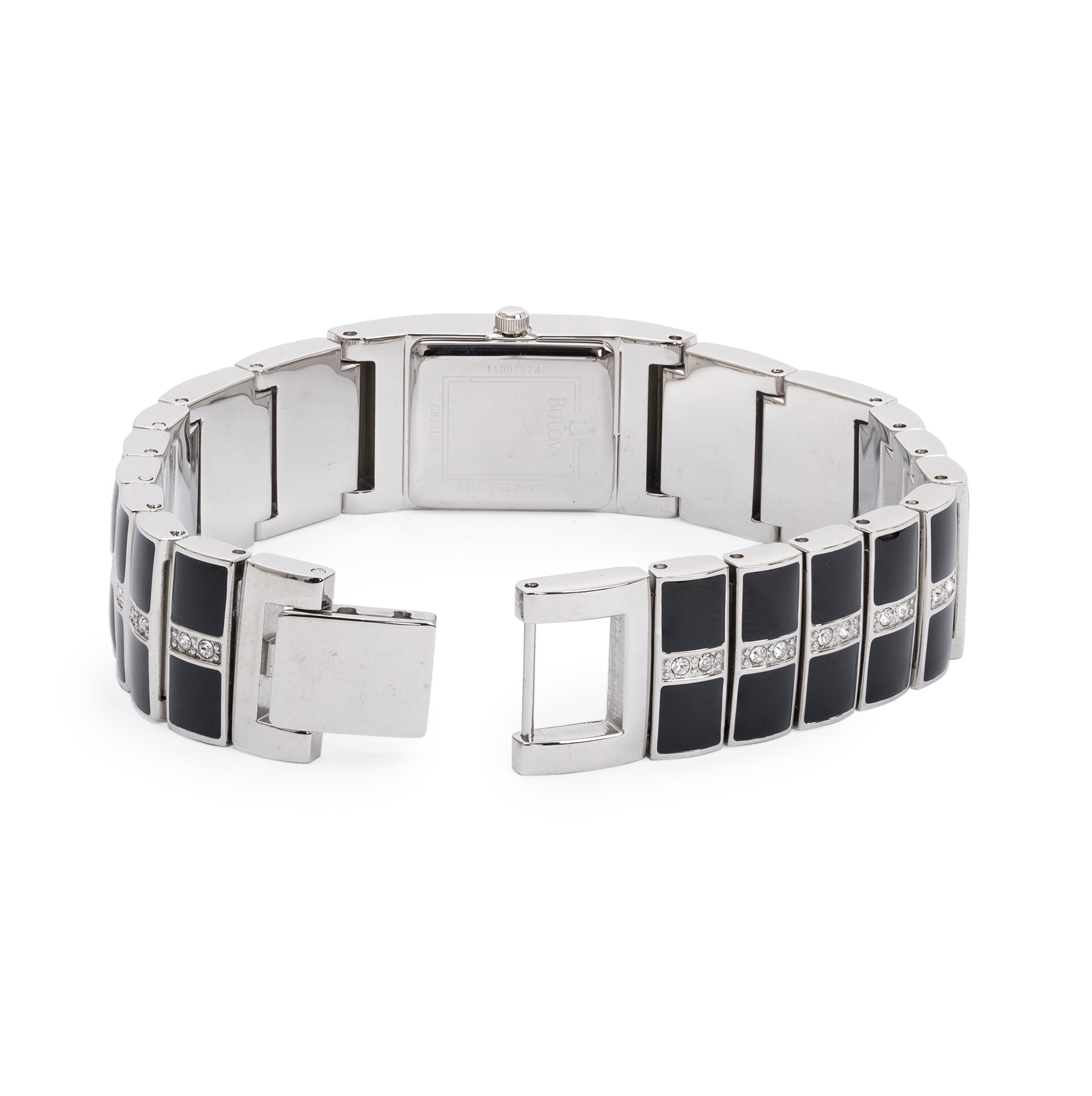 Bulova Stainless Steel & Black Enamel Crystal Accent 17 MM Dress Watch