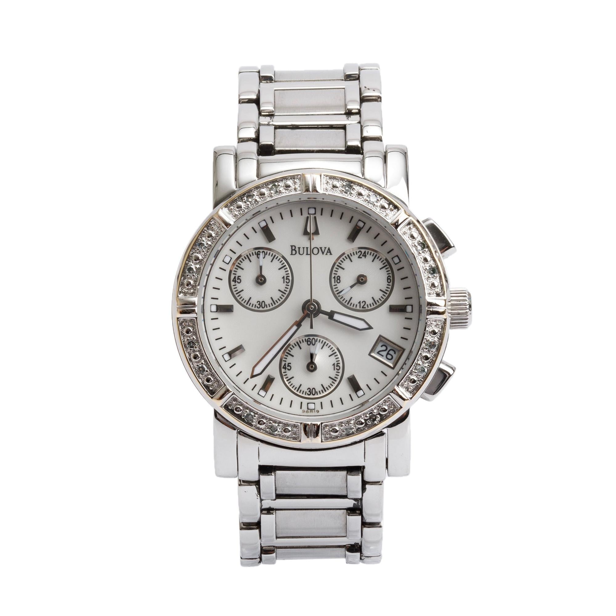 Bulova Stainless Steel Diamond Bezel 30 MM Chronograph Quartz Watch