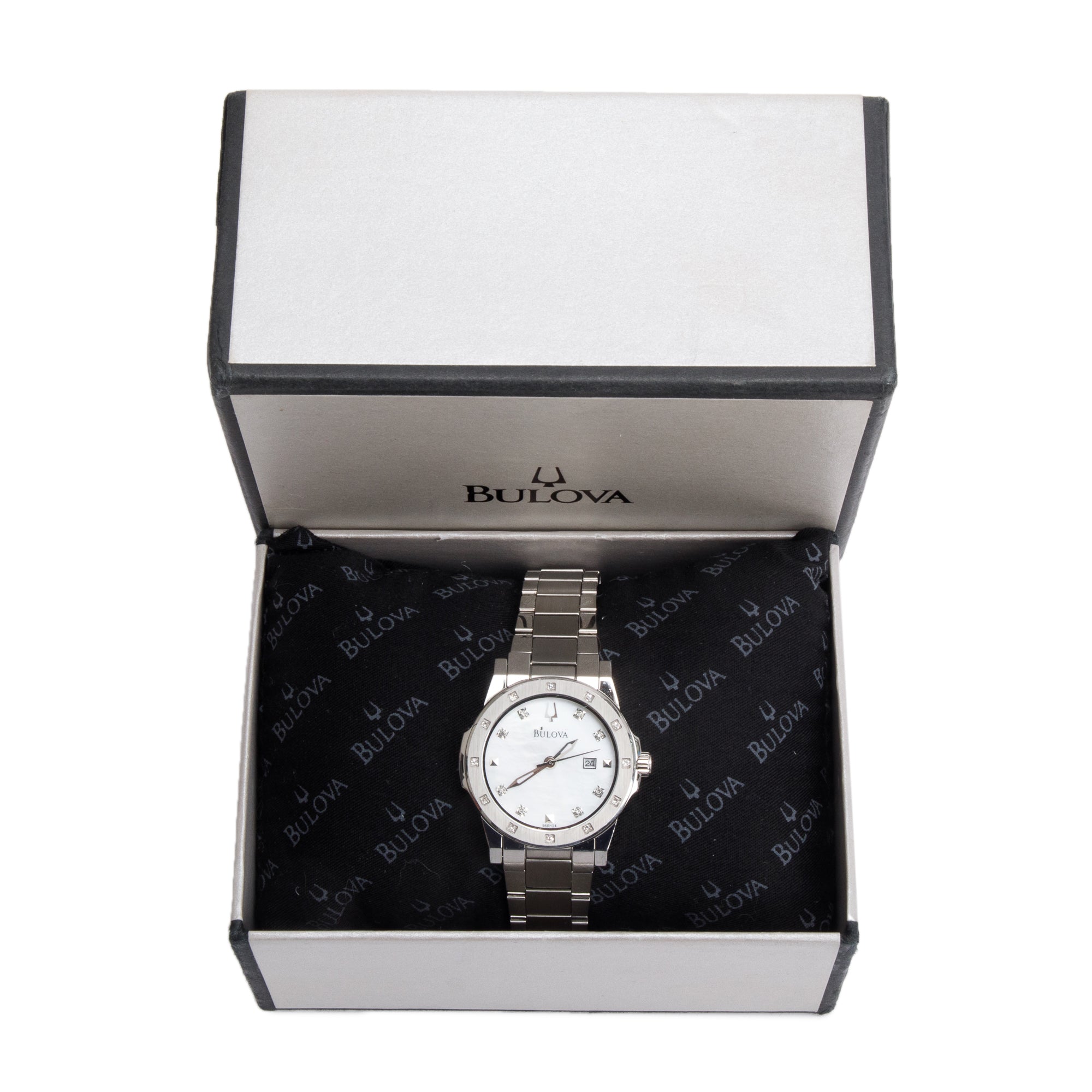 Bulova Stainless Steel Diamond Bezel Mother of Pearl Diamond Dial 30 MM Quartz Watch w/ Box