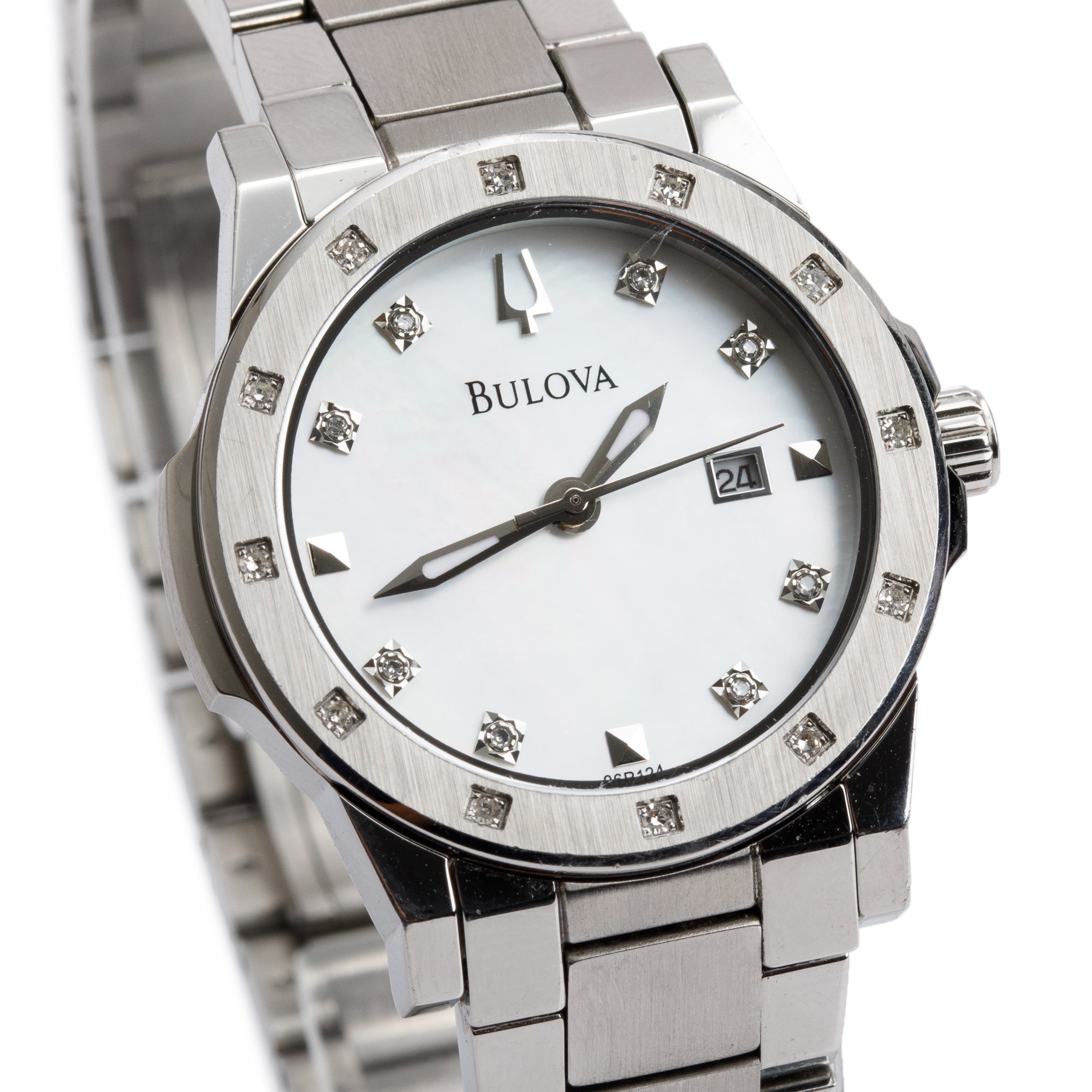 Bulova Stainless Steel Diamond Bezel Mother of Pearl Diamond Dial 30 MM Quartz Watch w/ Box