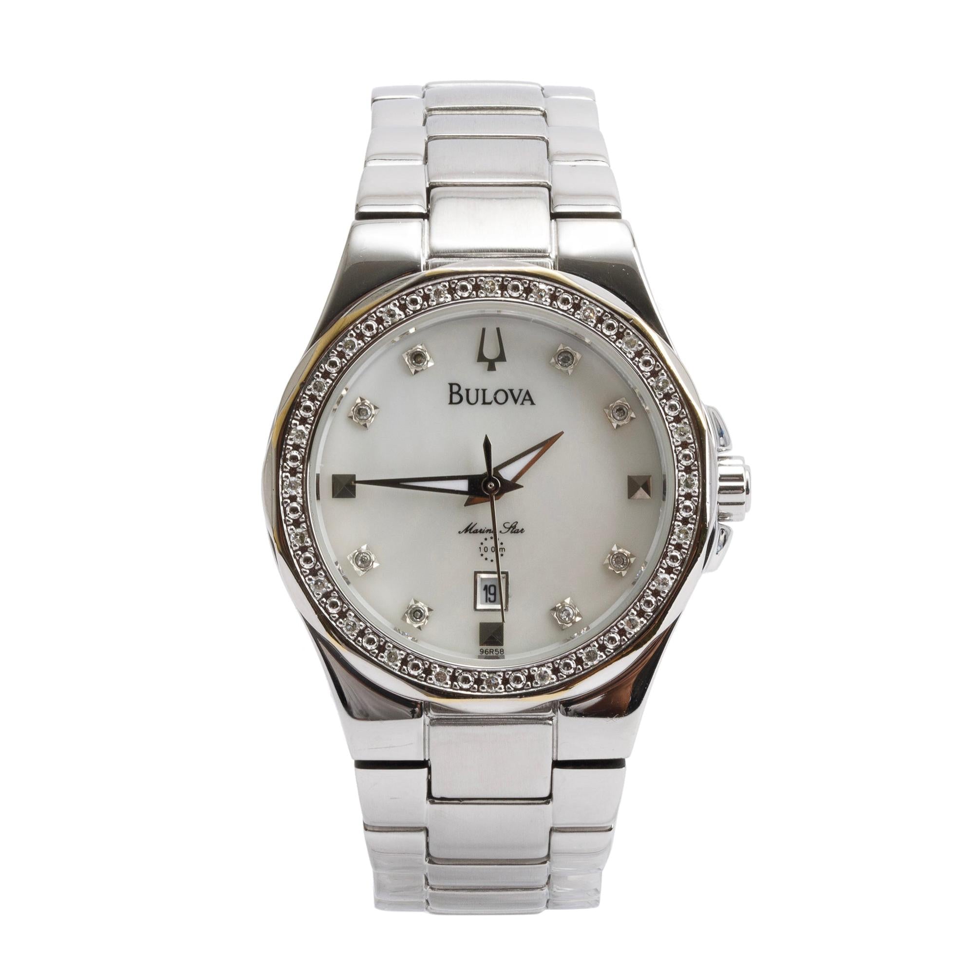 Bulova Stainless Steel Marine Star Diamond Mother of Pearl 30 MM Watch
