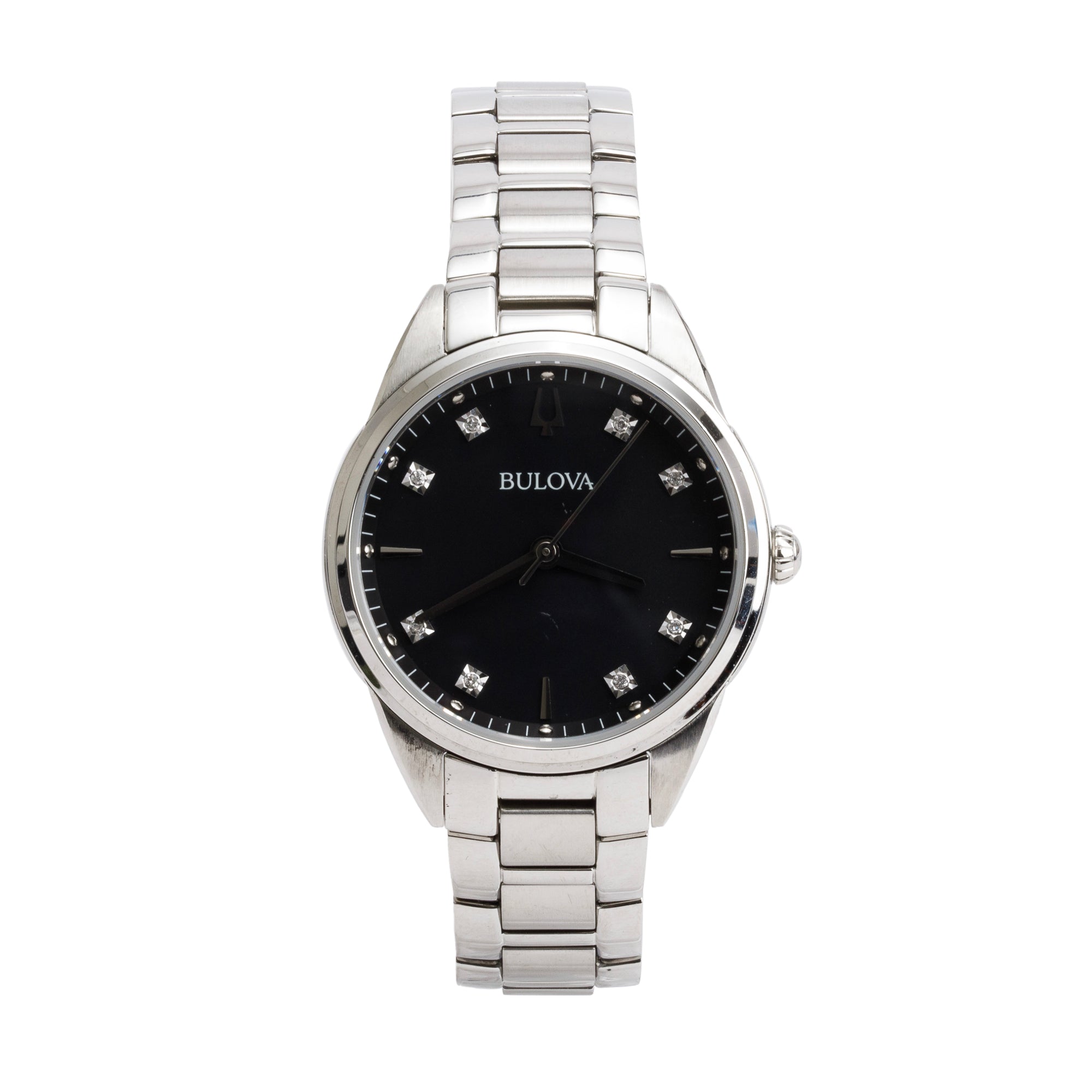 Bulova Stainless Steel Sutton Diamond Dial 32.5 MM Quartz Watch w/ Box