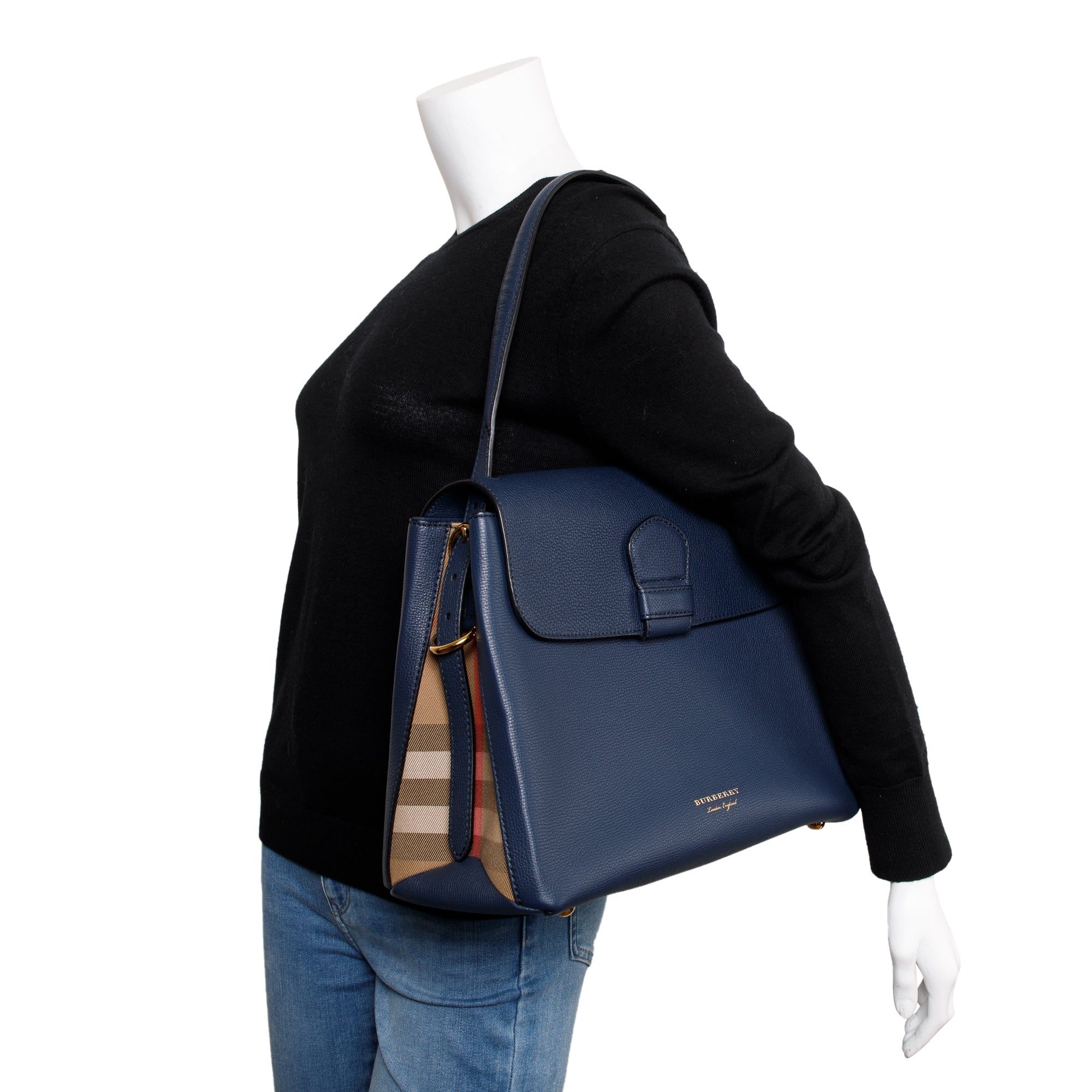 Burberry 2022 Blue Derby Calfskin House Check Medium Camberley Bag w/ Strap & Receipt