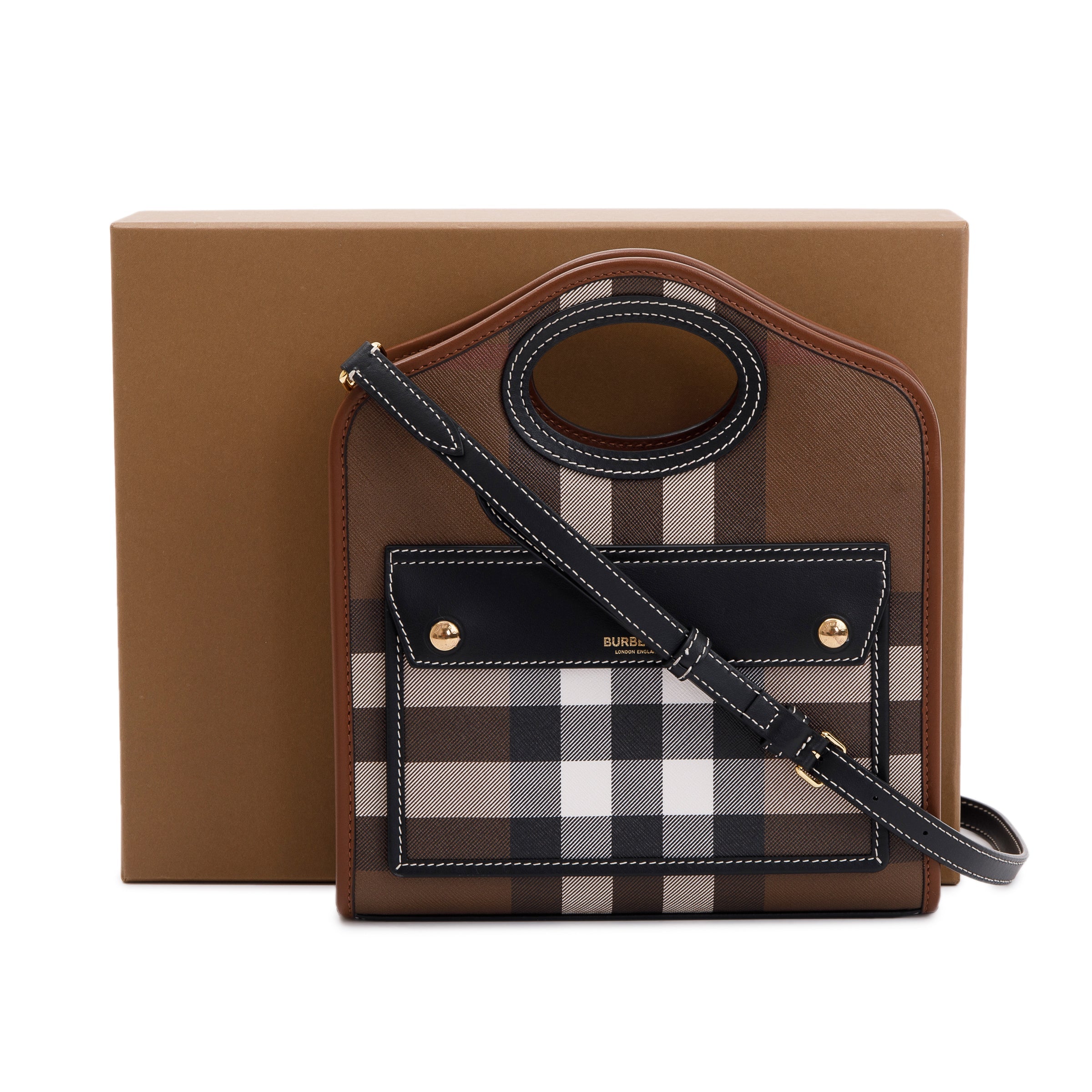 Burberry 2023 Brown Check Canvas and Black/Brown Leather Mini Pocket Bag w/ Box & Receipt
