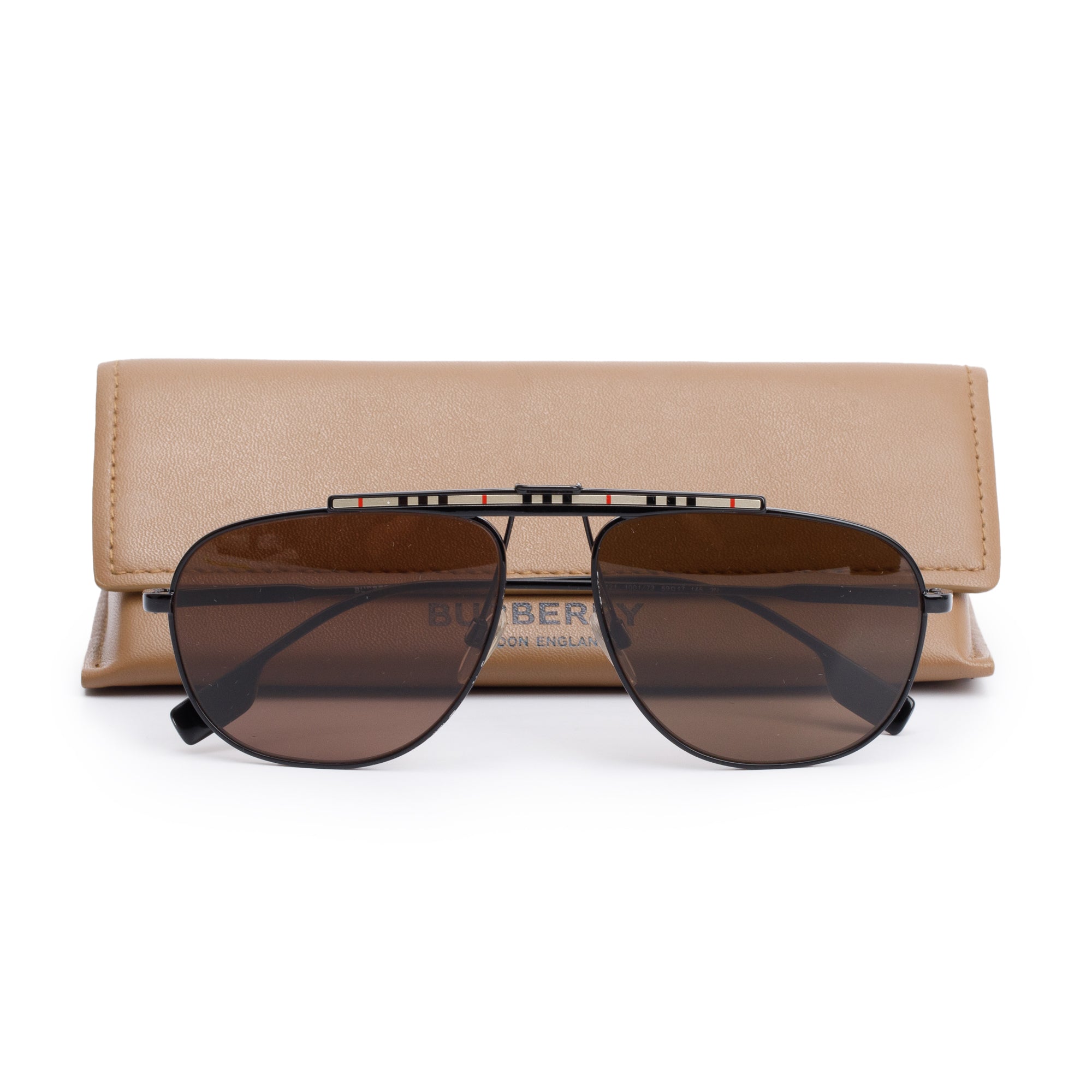 Burberry B 3121 Black & Check Metal Frame Aviator Sunglasses w/ Case