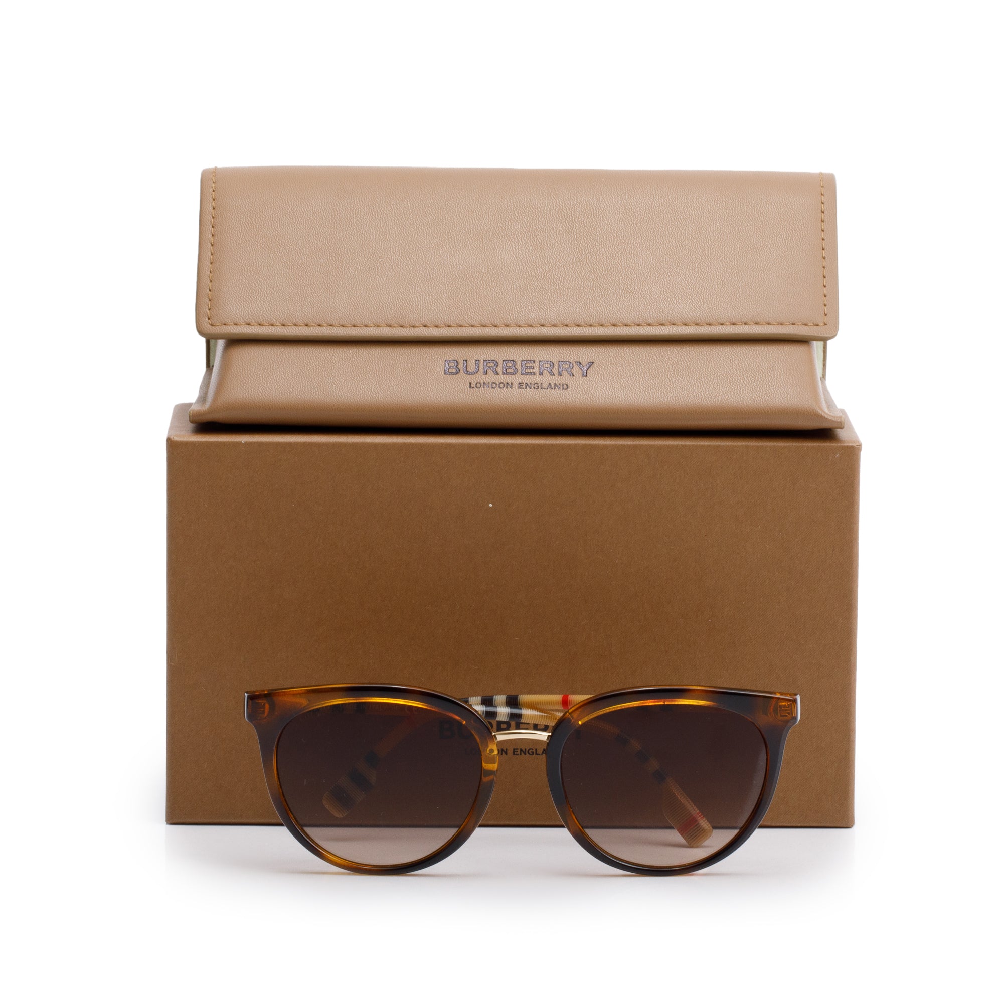 Burberry B 4316 House Check & Havana Acetate Round Sunglasses w/ Box & Case