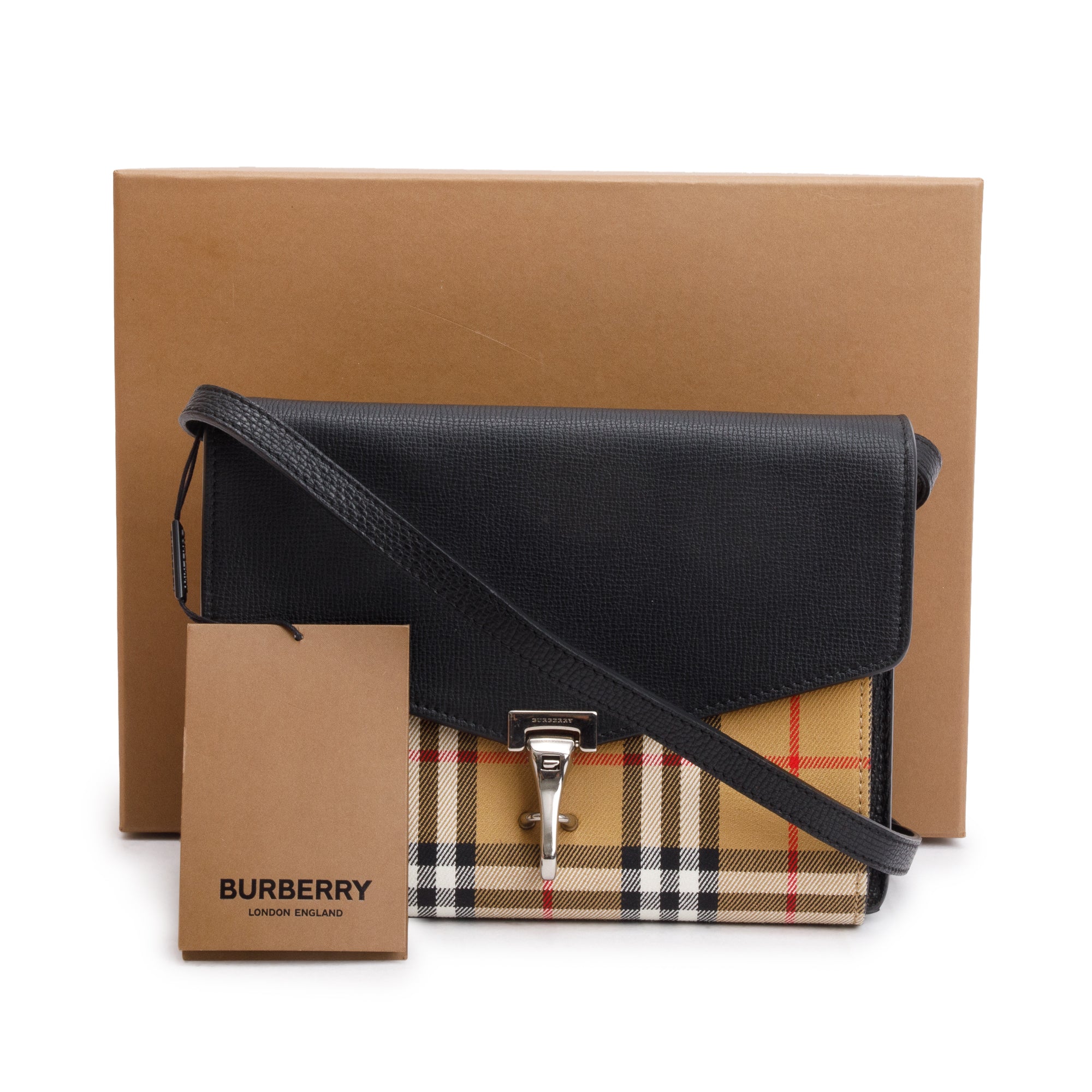 Burberry Black Calfskin House Check Macken Crossbody Bag w/ Box