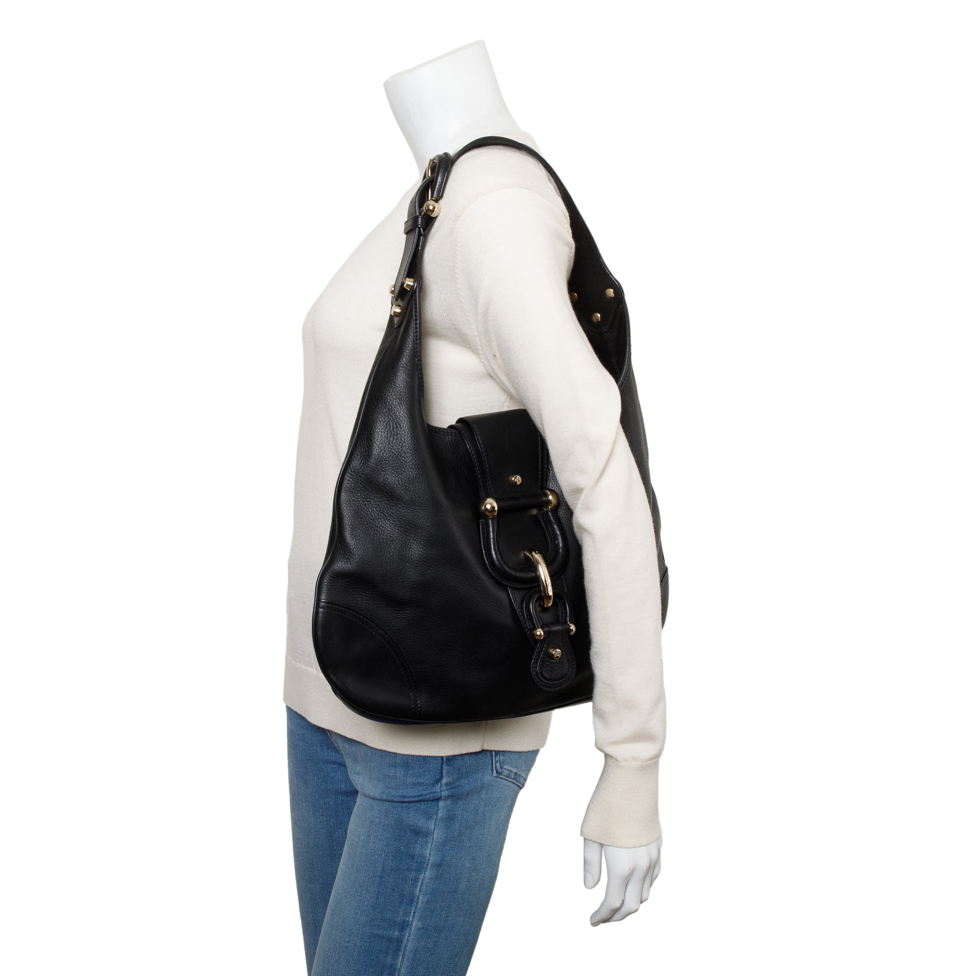 Burberry Black Calfskin Leather Hillgate Hobo